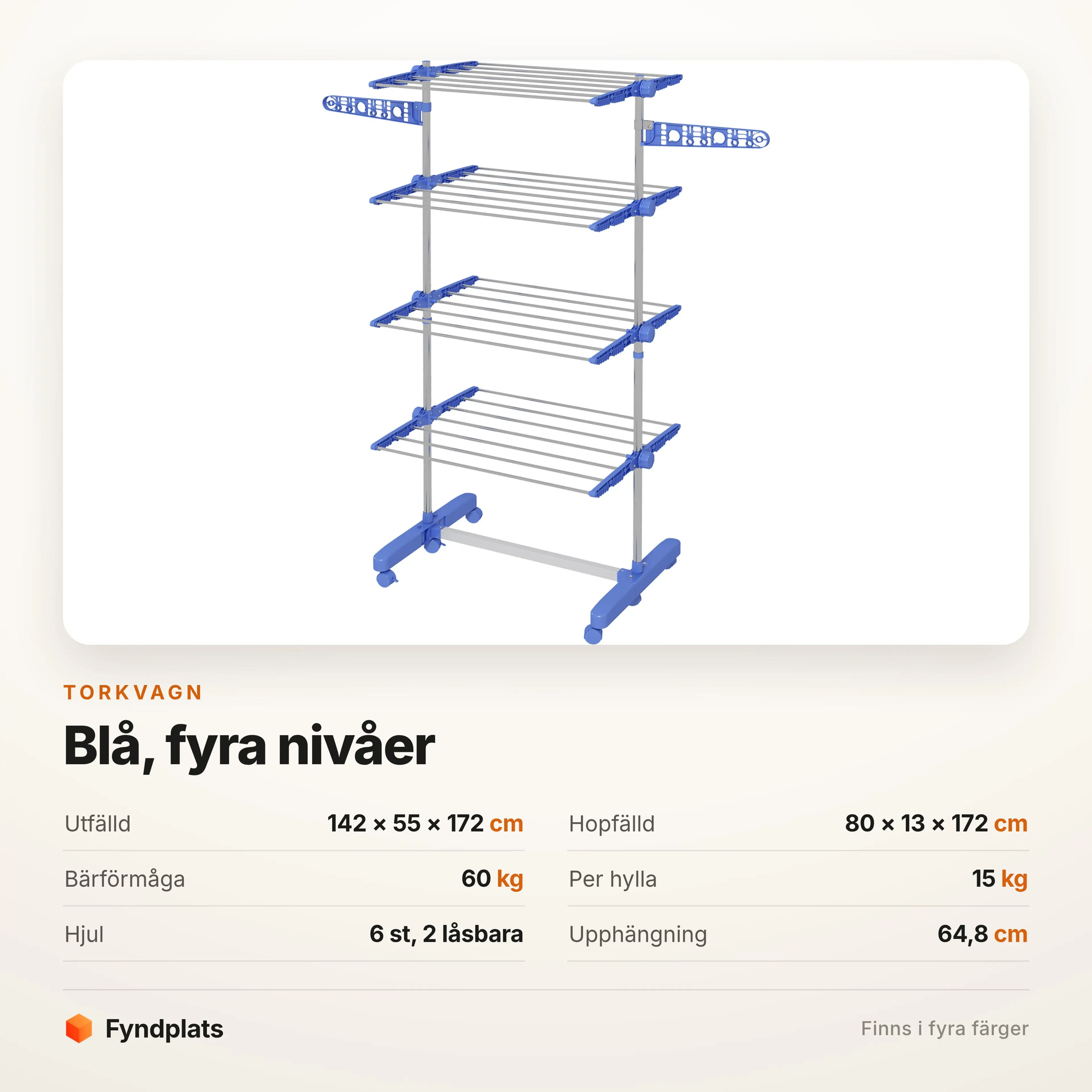 Specifikation: 142 × 55 × 172 cm, fyra nivåer, 60 kg