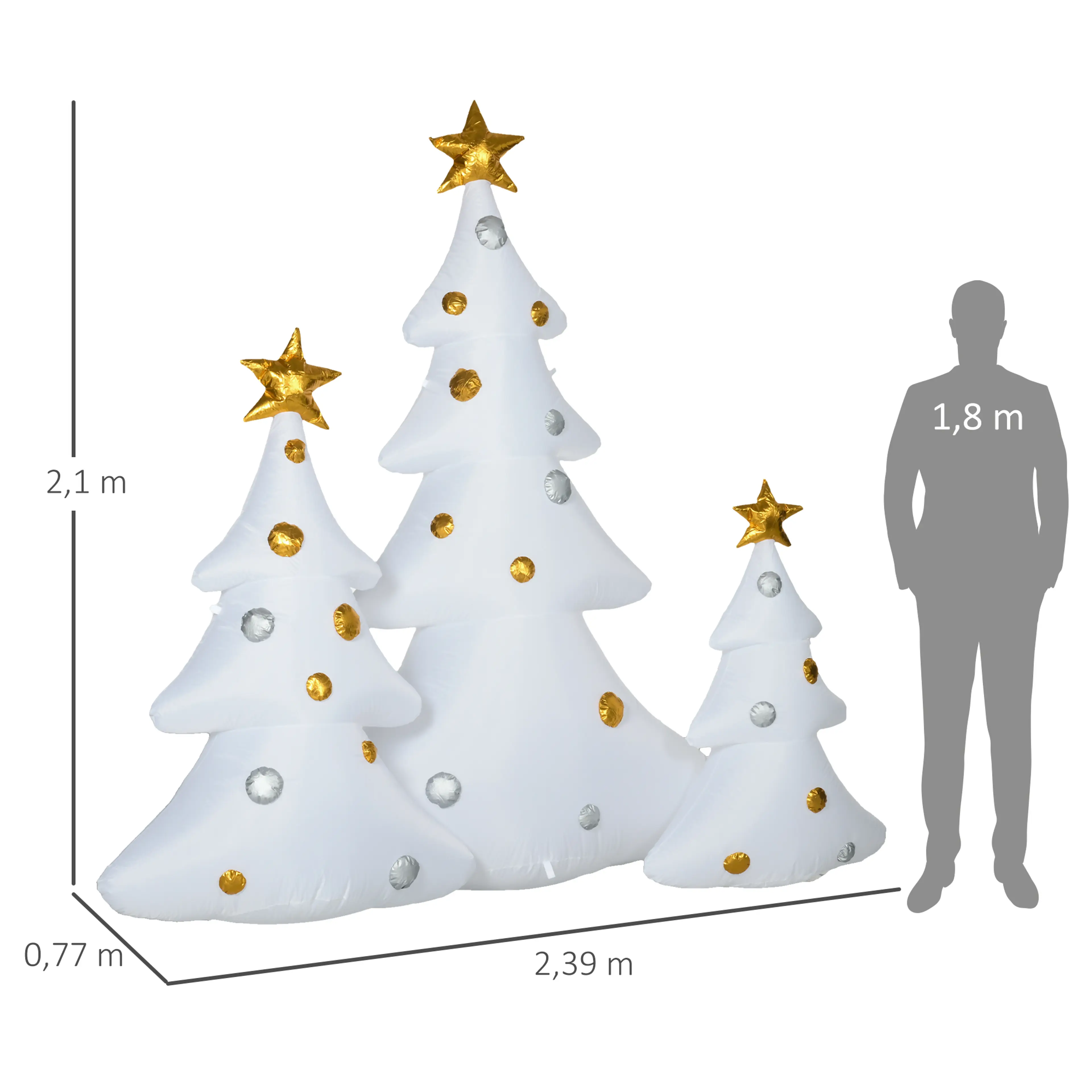 Måttskiss där granarna jämförs med en person på 1,8 m: 2,1 m höjd, 2,39 m bredd och 0,77 m djup