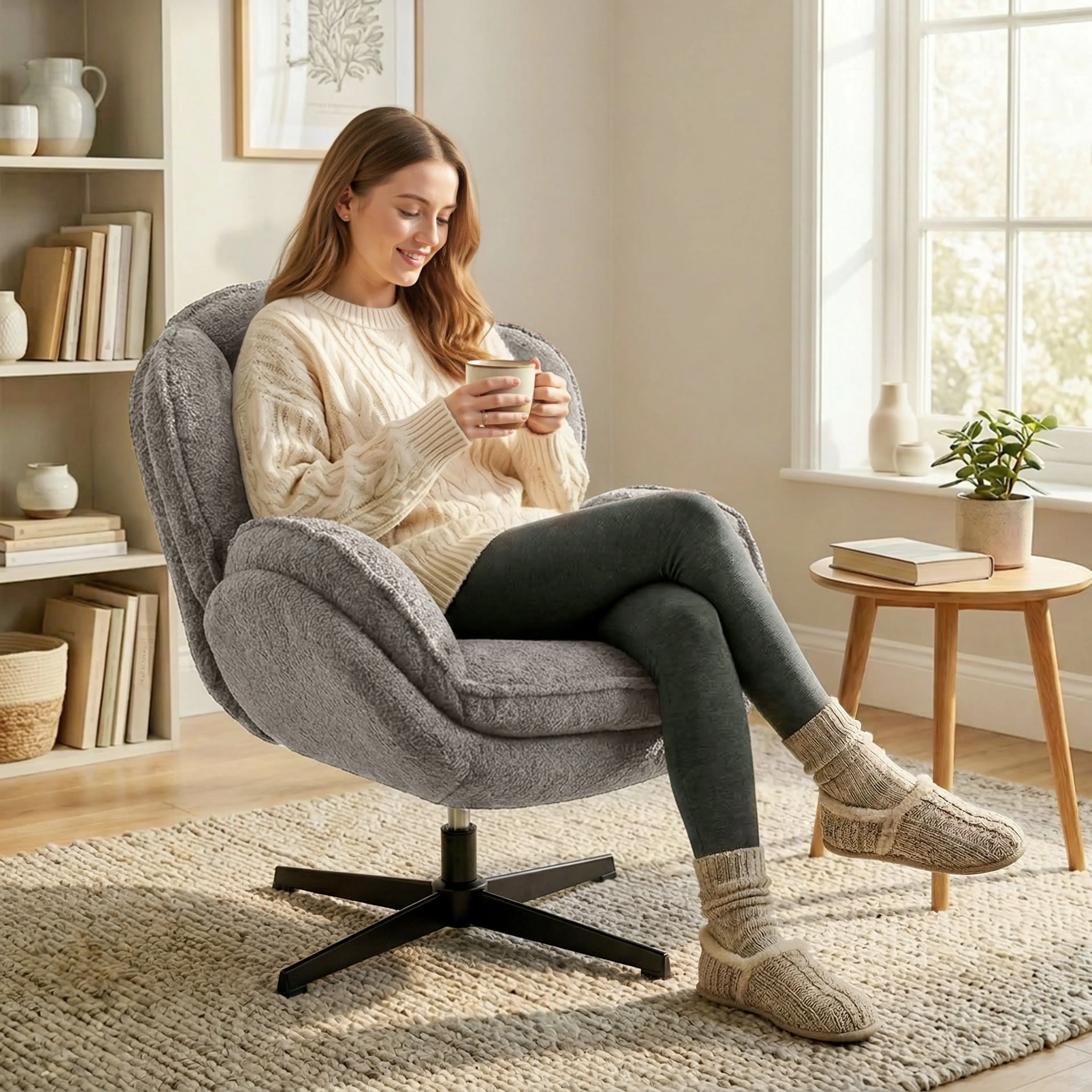 Kvinna med kaffekopp lutar sig tillbaka i den grå snurrfåtöljen
