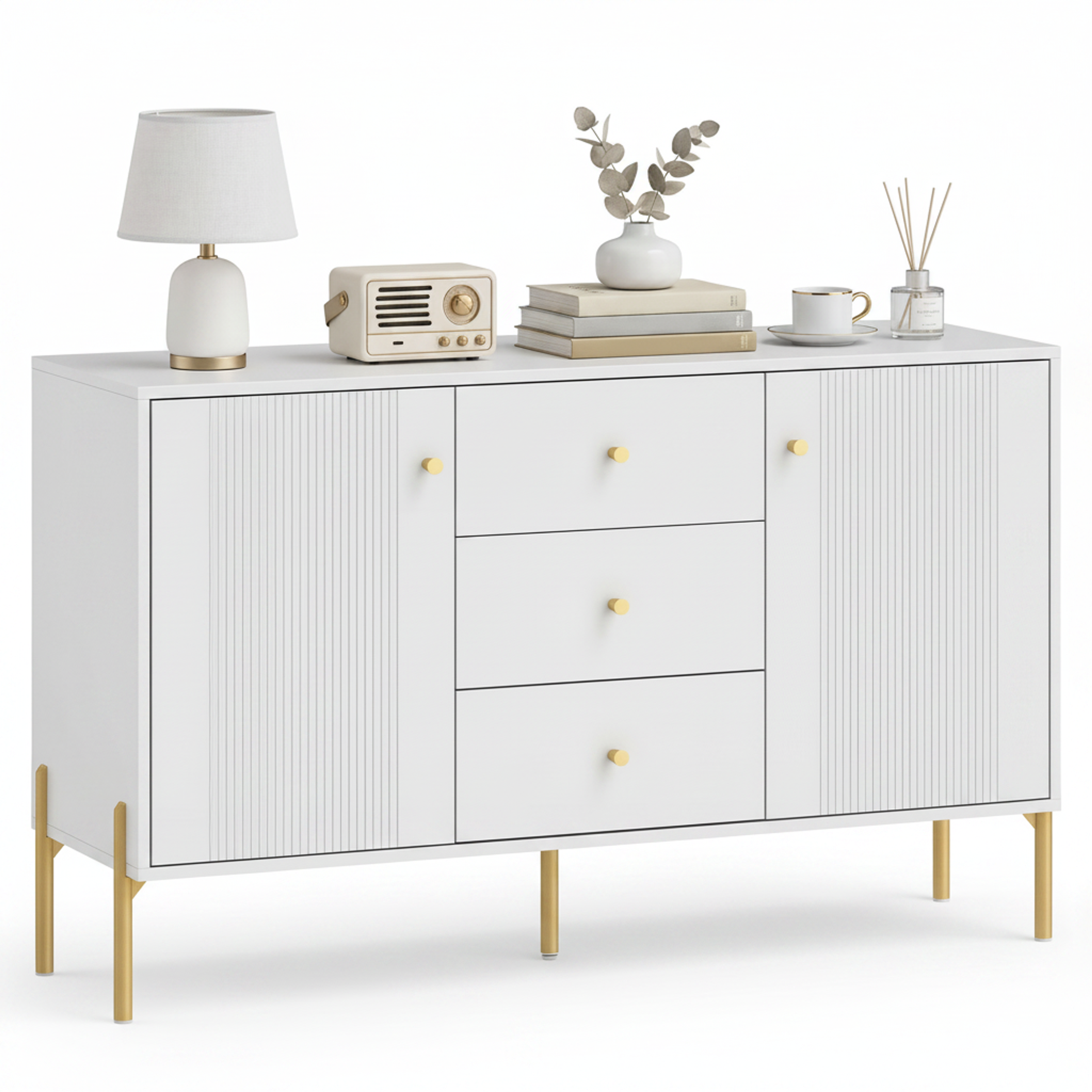Skänk 120 cm – sideboard med 2 dörrar & 3 lådor, vit med guldben