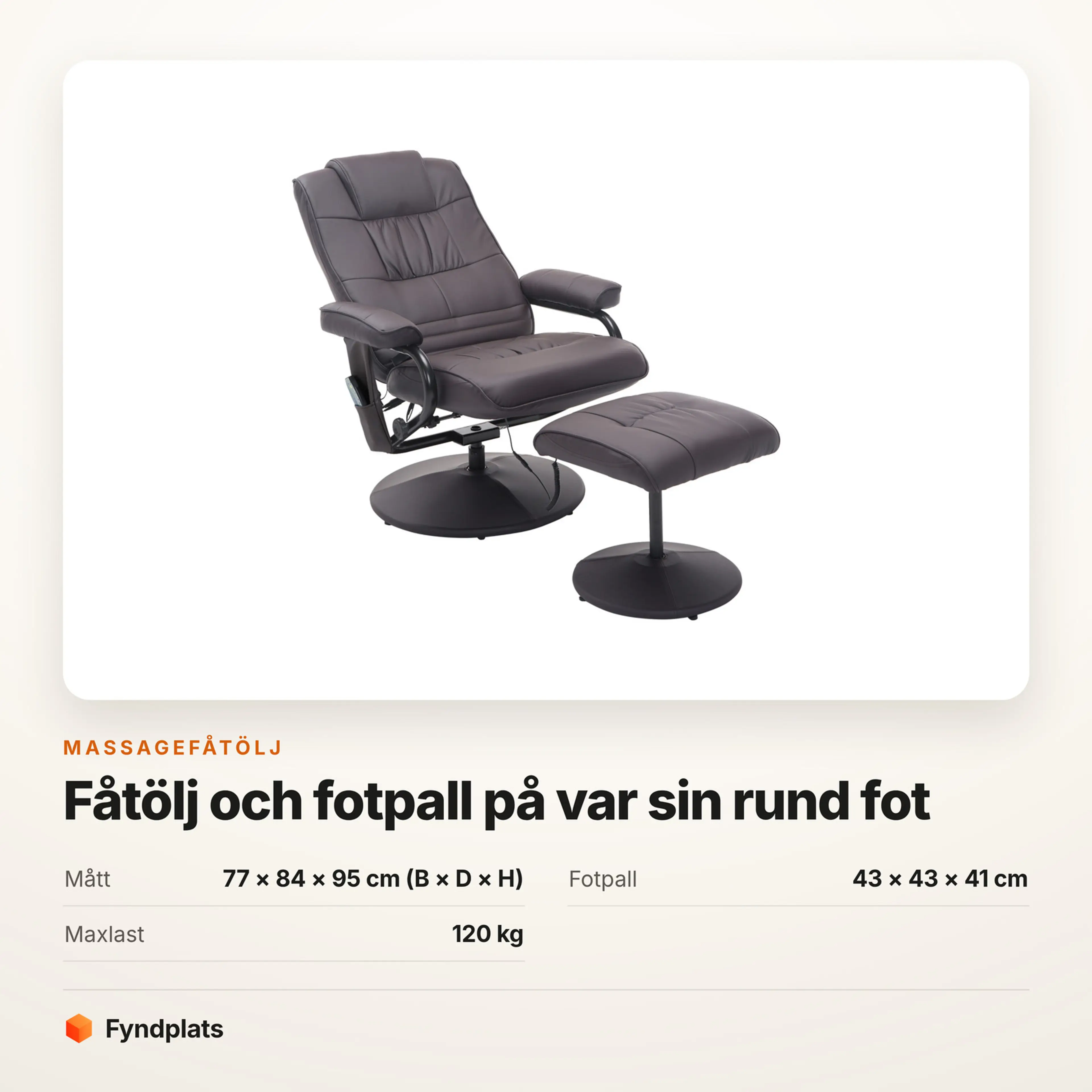 Faktakort: massagefåtölj brun, 77 × 84 × 95 cm och maxlast 120 kg