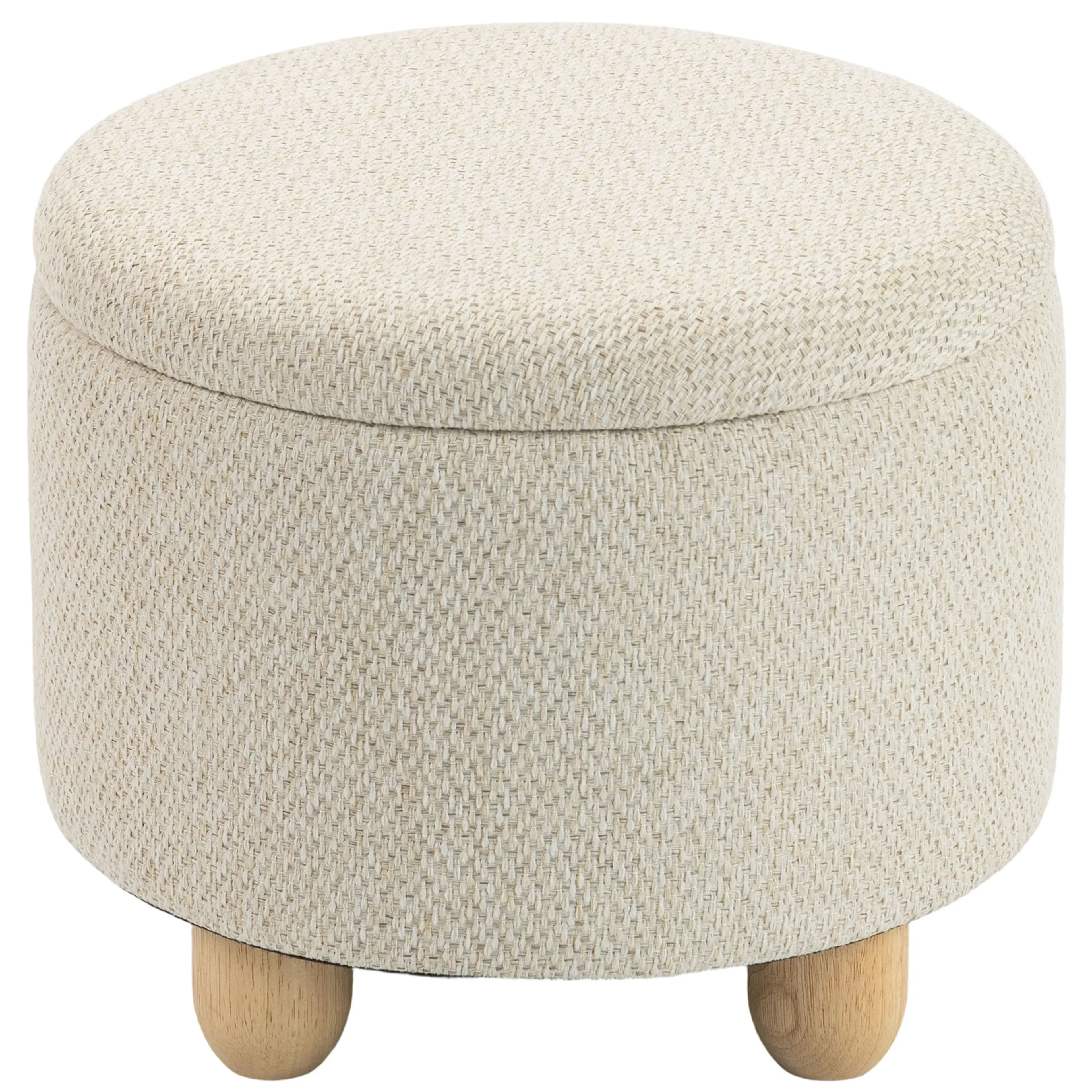 Rund förvaringspall i beige tyg med juteyta och ben i trä