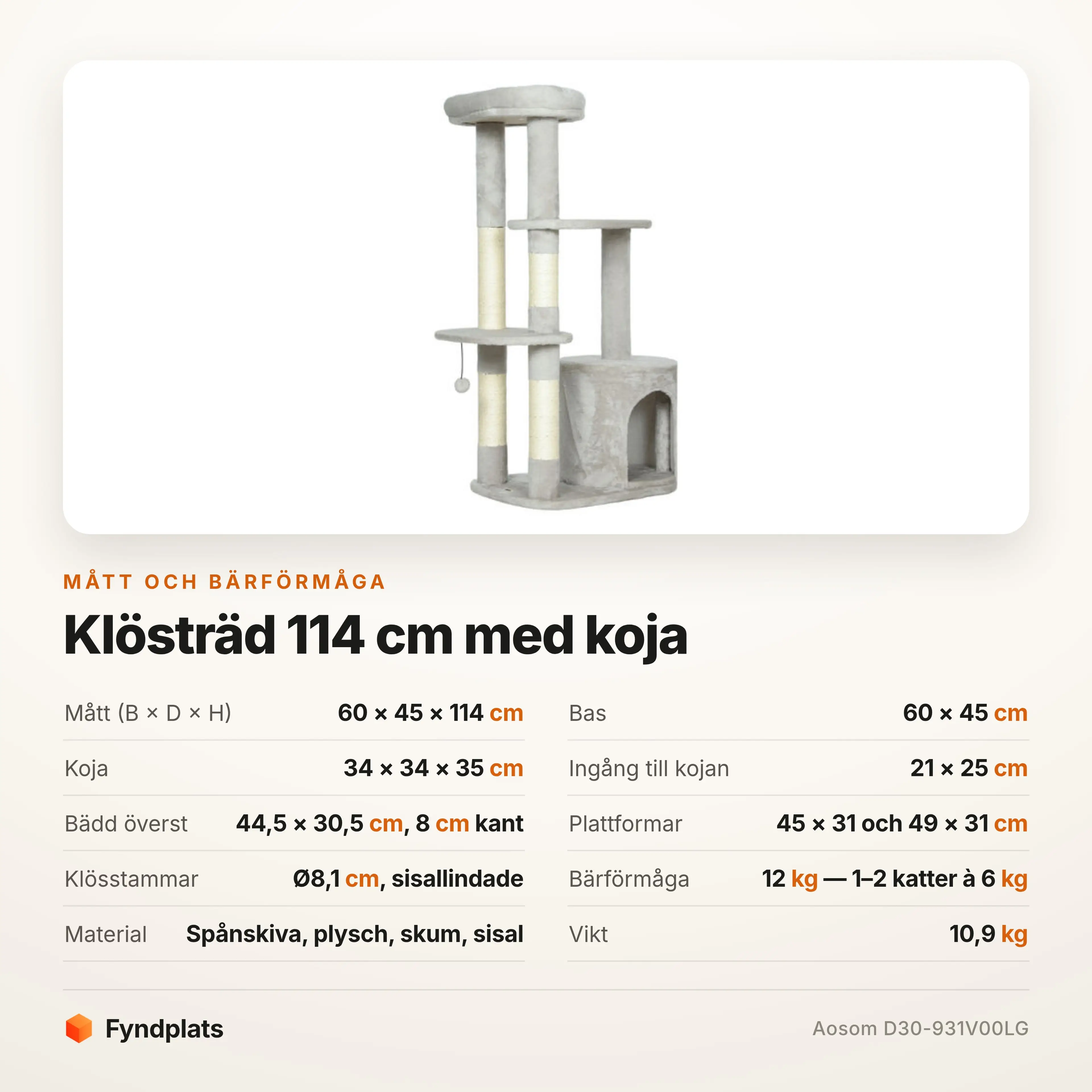 Specifikationskort med mått på koja, plattformar och bärförmåga