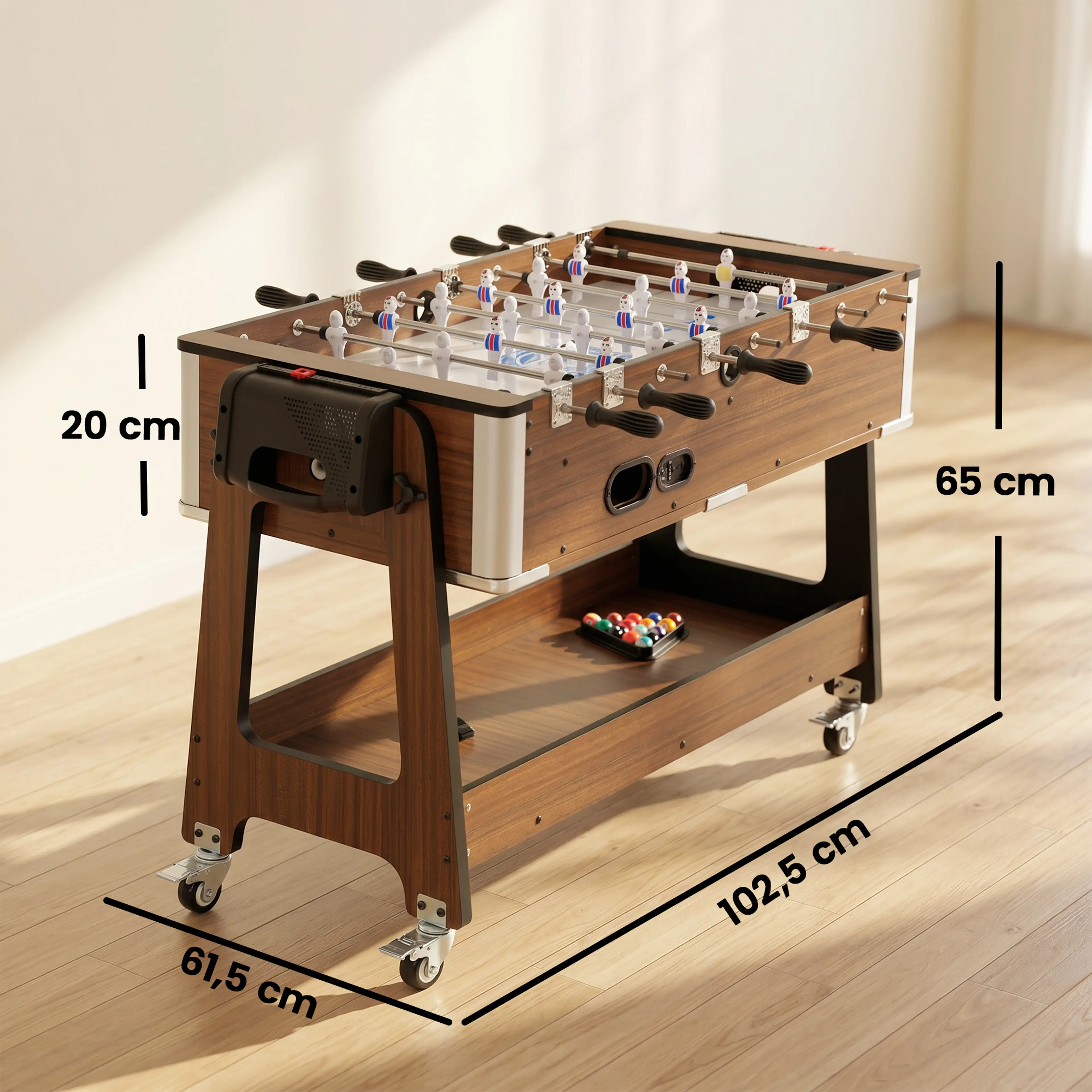 Måttskiss för spelbordet 3 i 1: 102,5 x 61,5 x 65 cm