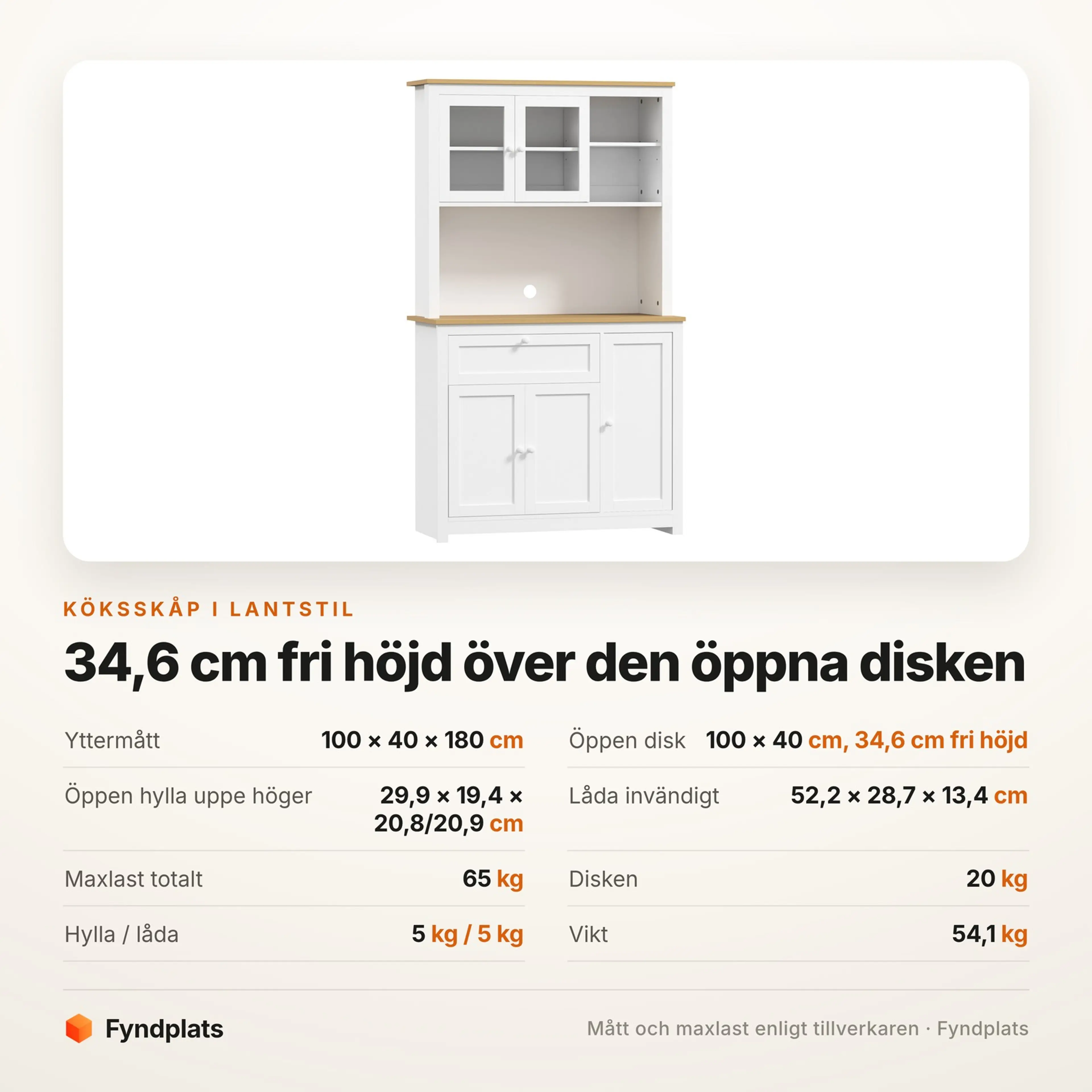 Spec-kort med mått och maxlast för köksskåpet i lantstil