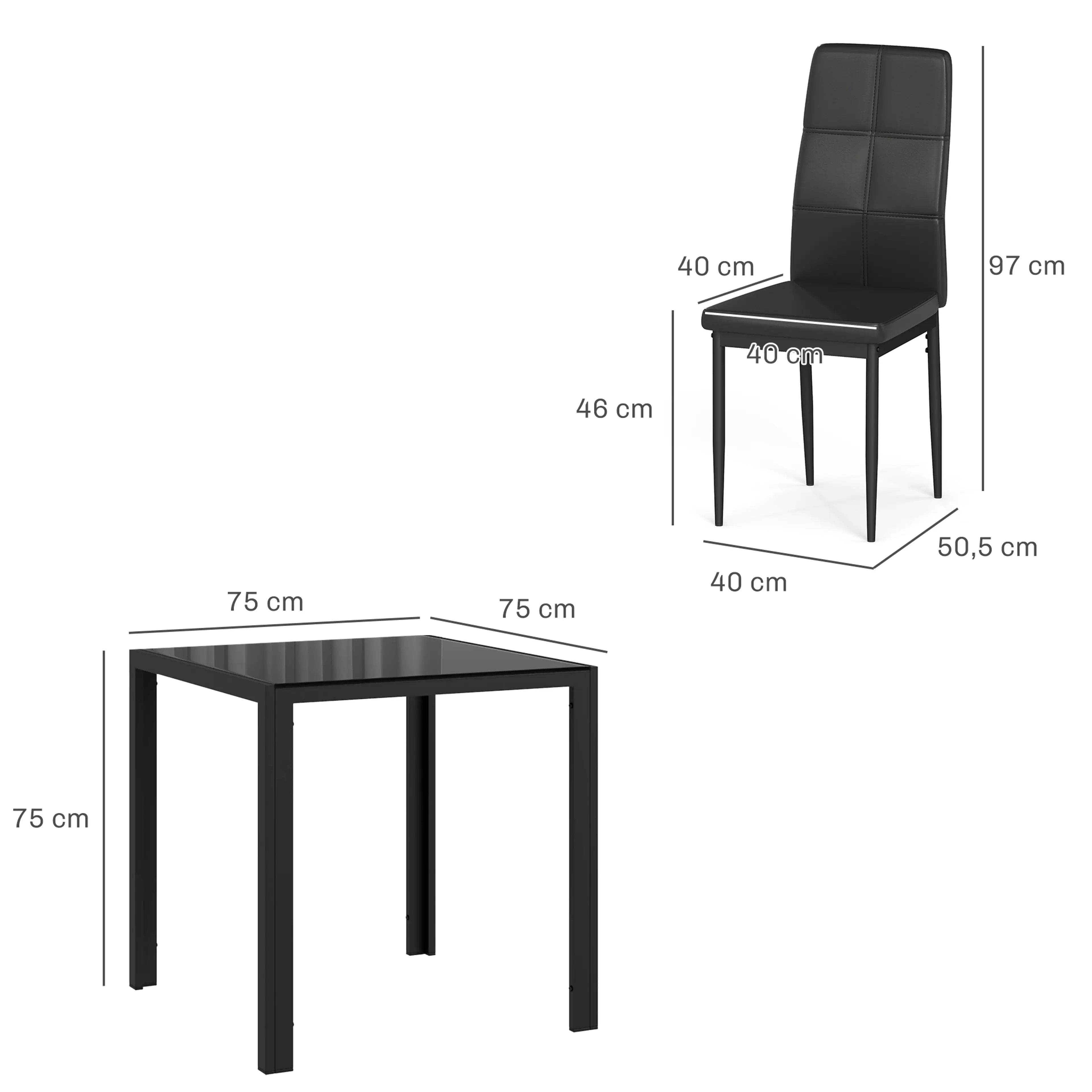 Måttbild på matgruppen, bordet 75 × 75 × 75 cm och stolen 40 × 50,5 × 97 cm