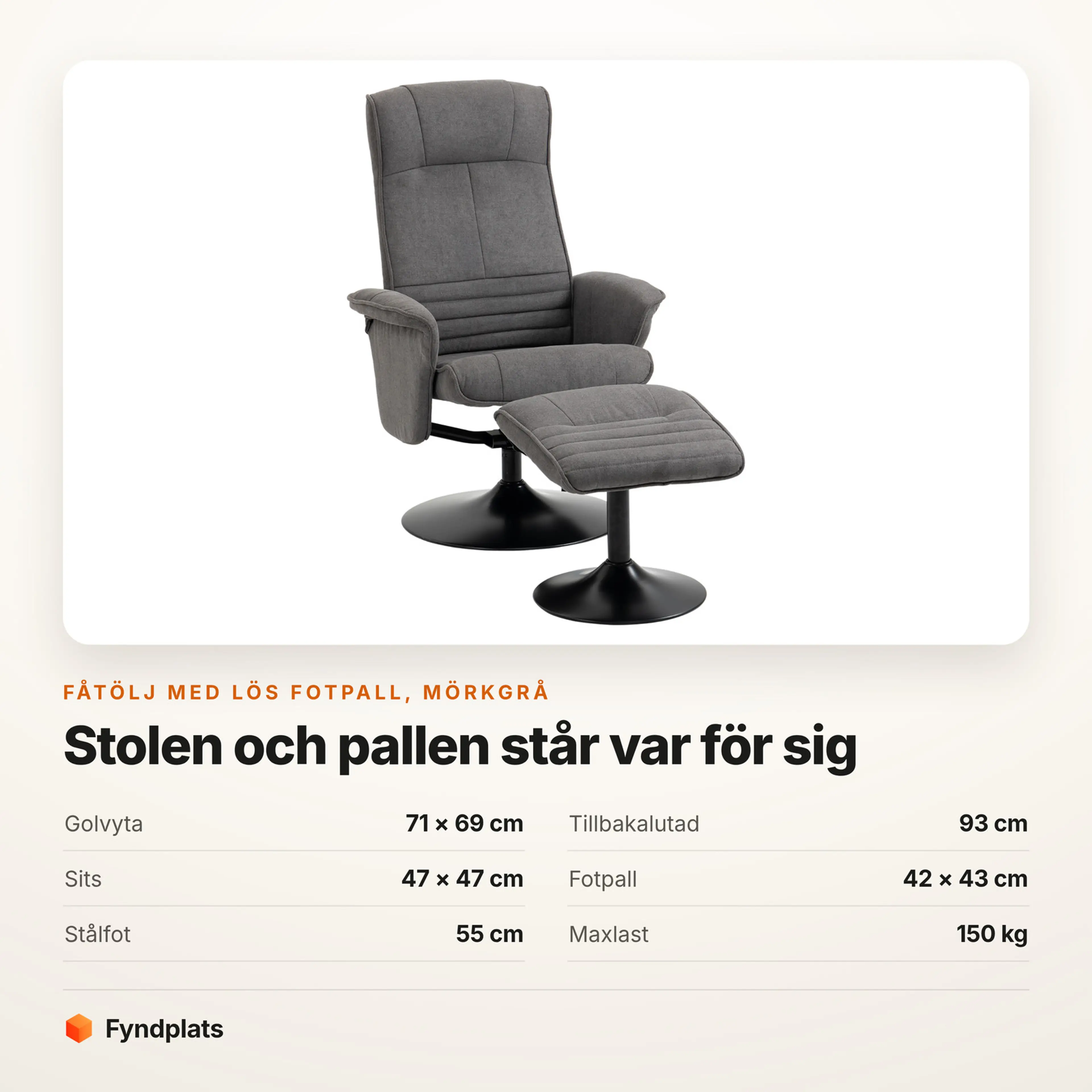 Fåtölj med lös fotpall på rund stålfot, bär 150 kg – Faktakort med mått, fotpallens mått, fotens diameter och maxlast