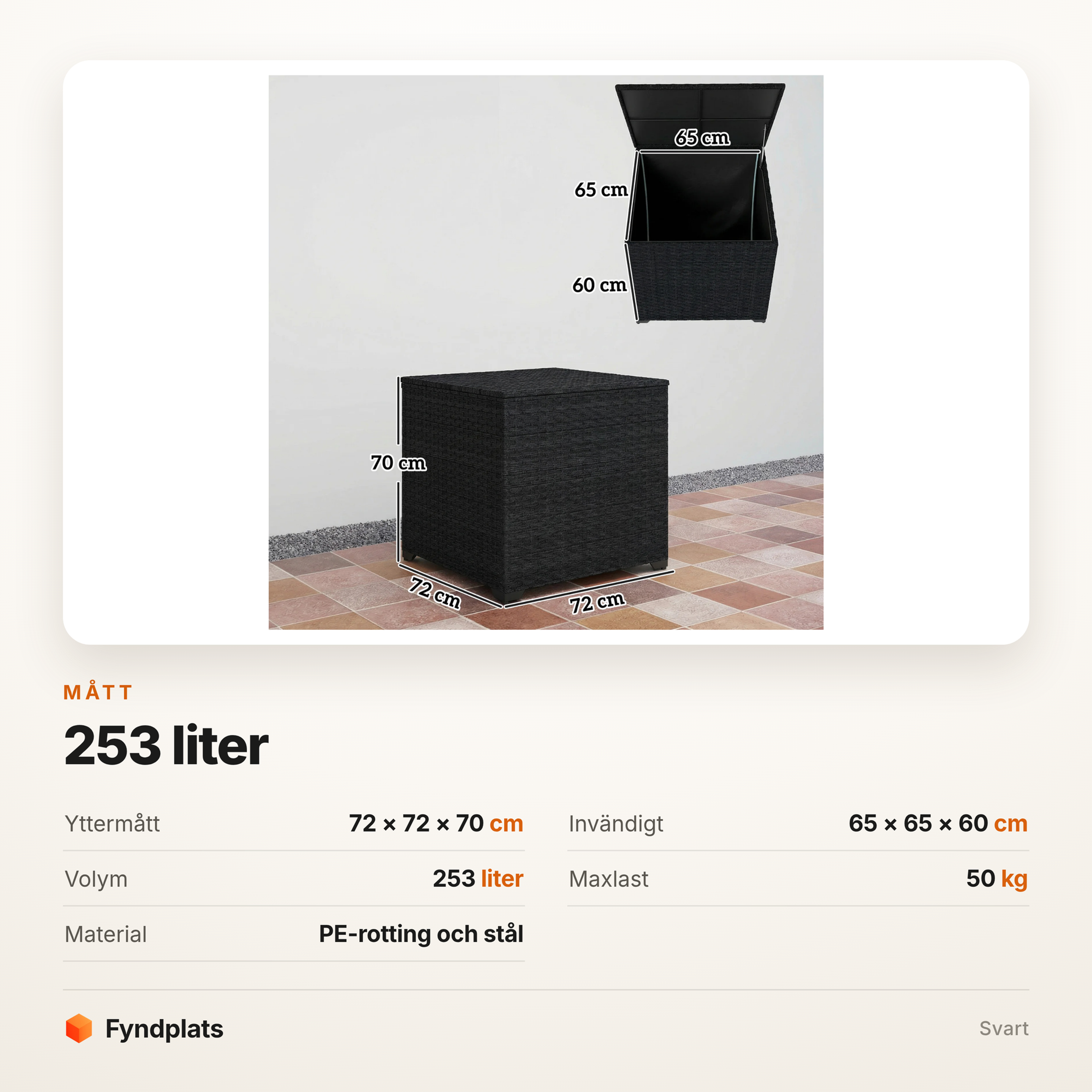 Måttkort för förvaringsboxen: 72 × 72 × 70 cm utvändigt och 253 liter
