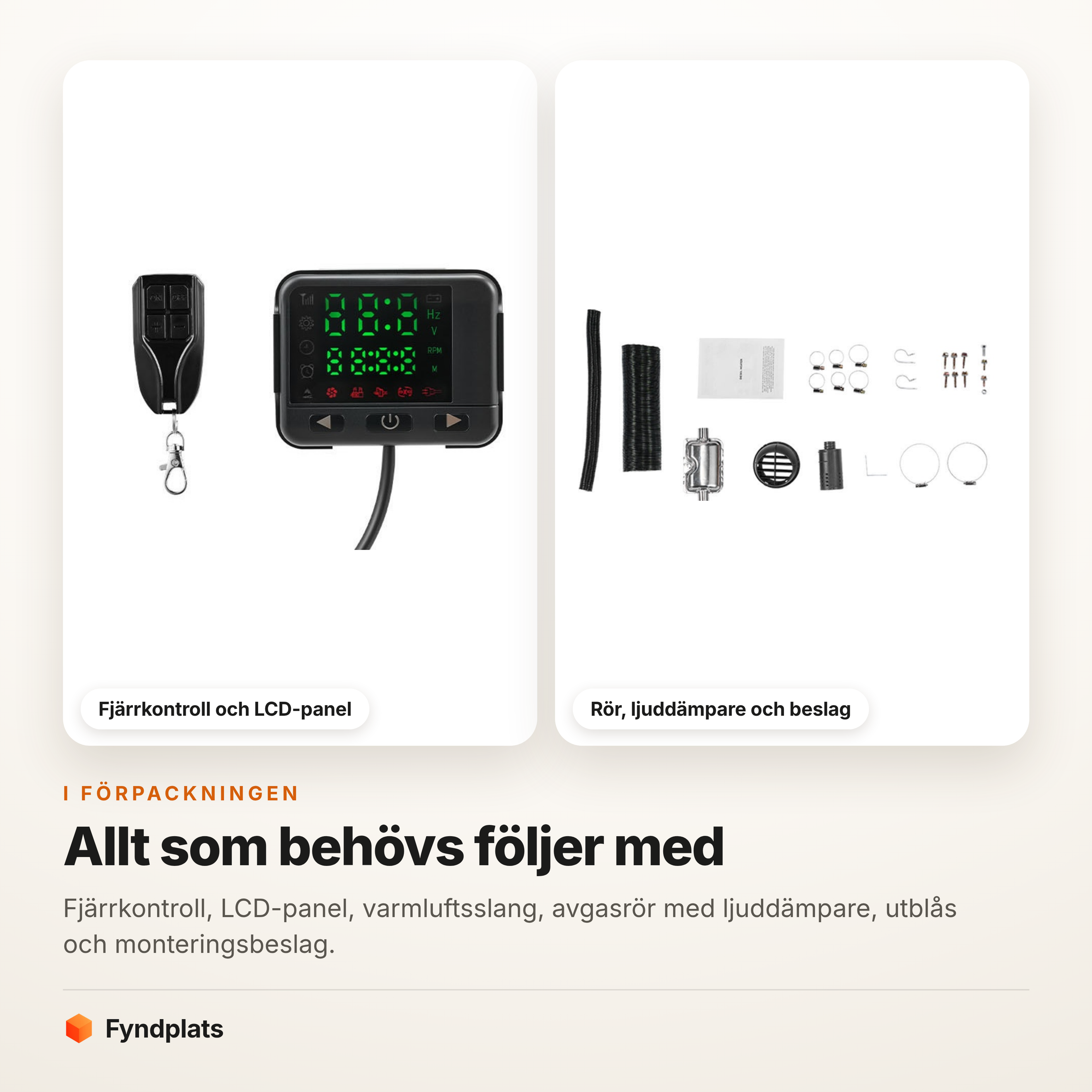 Innehållet i förpackningen – fjärrkontroll, LCD-panel, varmluftsslang, avgasrör, ljuddämpare och beslag