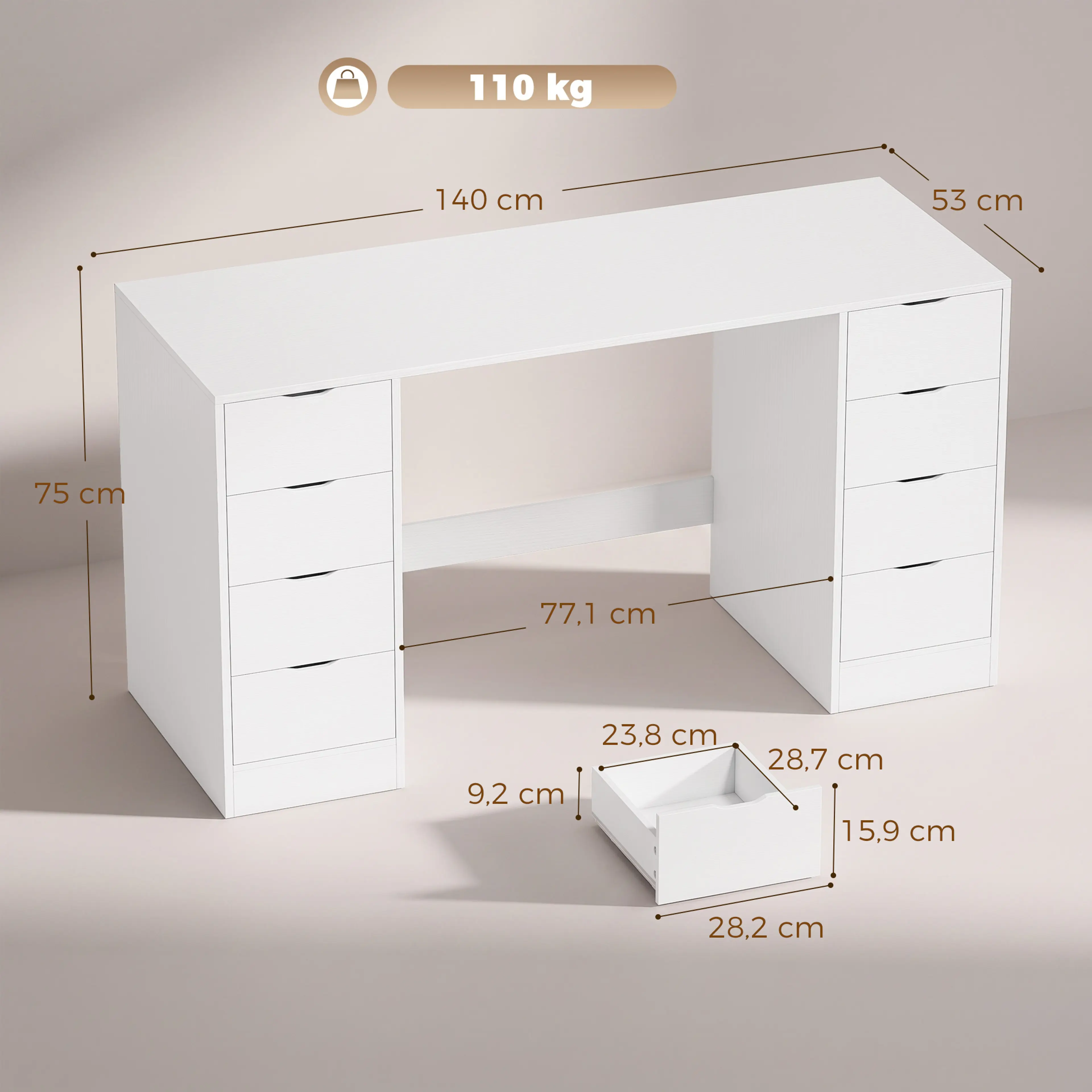 Måttskiss: 140 × 53 × 75 cm, knäutrymme 77,1 cm och maxlast 110 kg