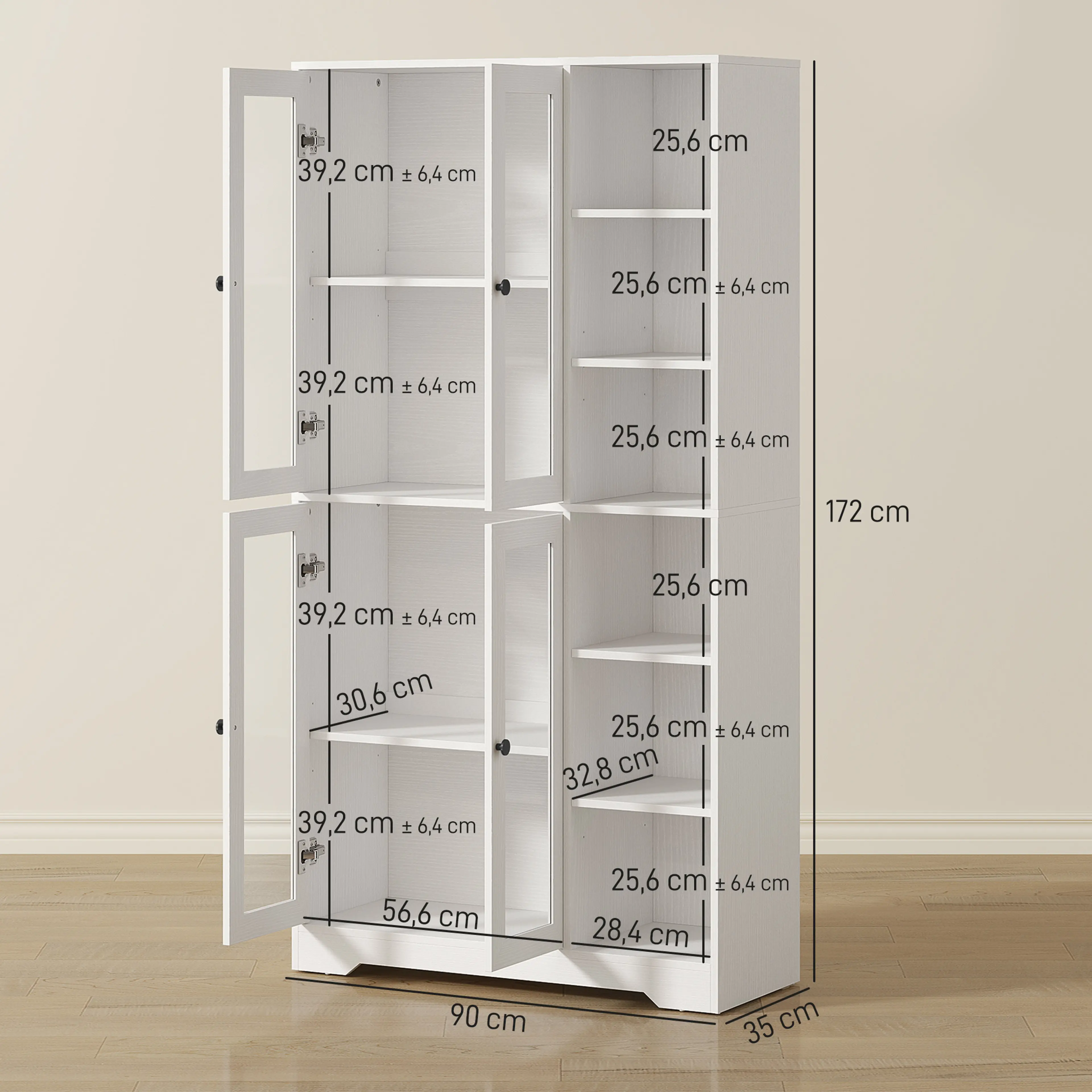 Måttritning för köksskåpet med glasdörrar: 90 × 35 × 172 cm