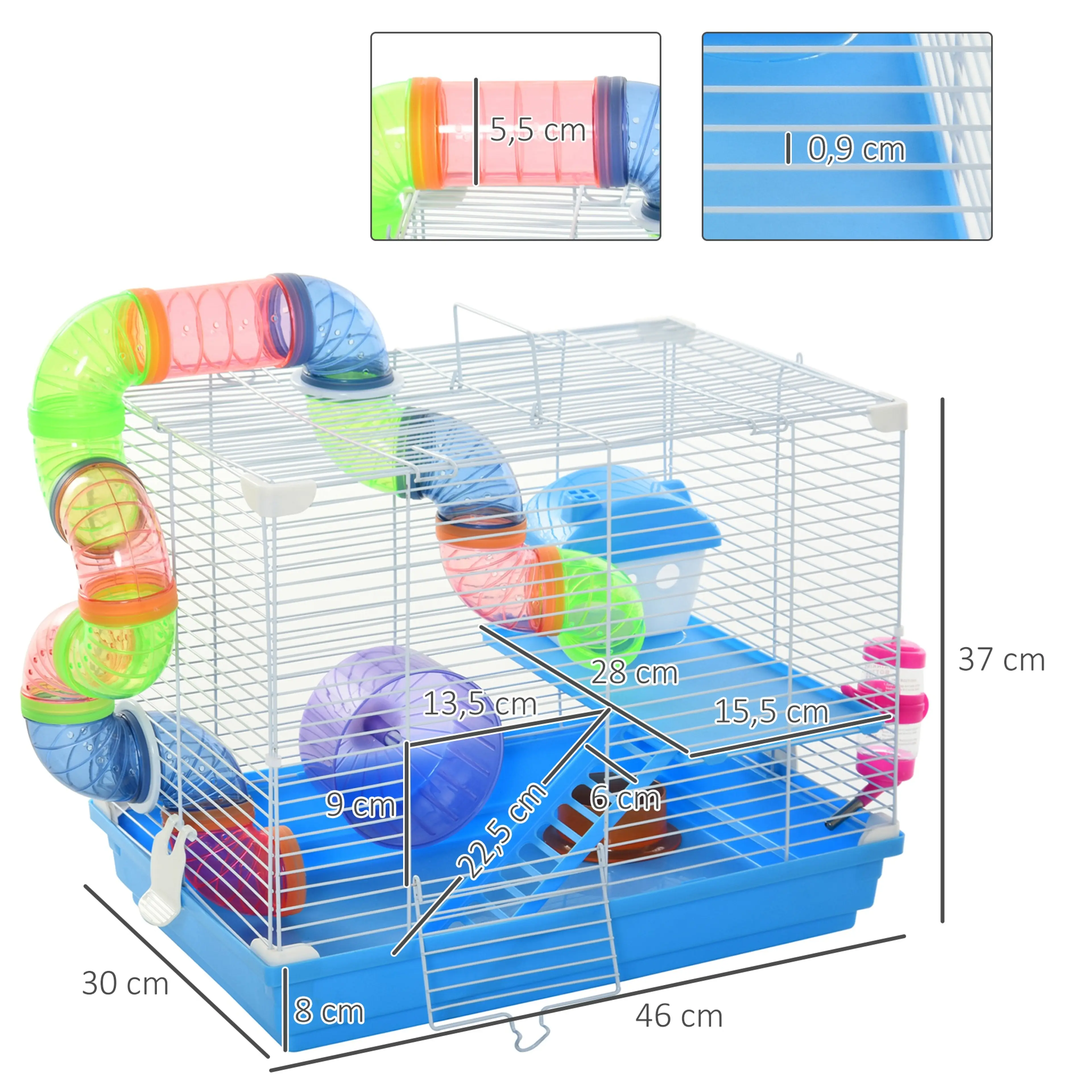 Måttskiss på hamsterburen: 46 cm lång, 30 cm djup och 37 cm hög, med mått på plattform, ramp och rör