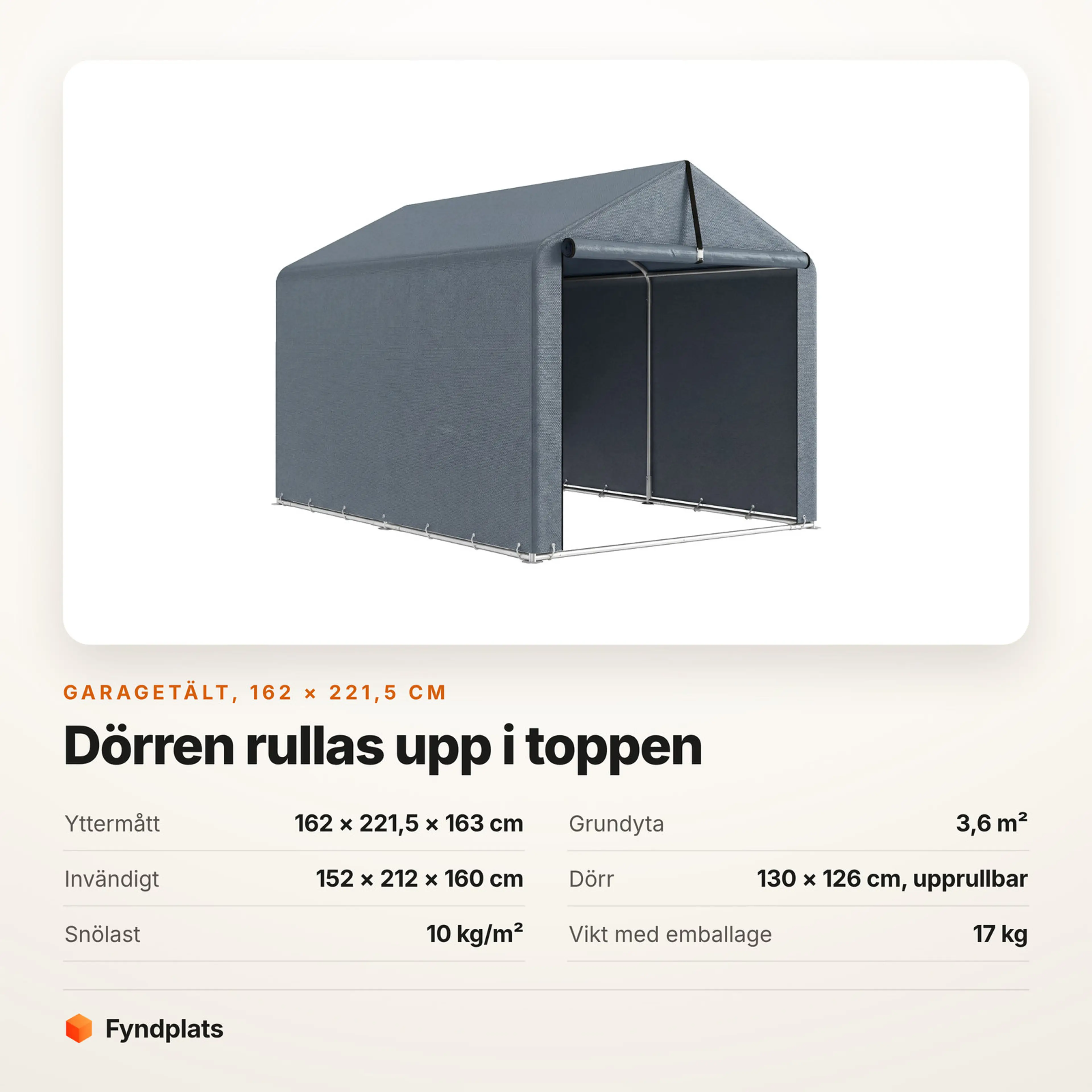 Faktakort för garagetält 162 × 221,5 cm med snölast 10 kg/m²