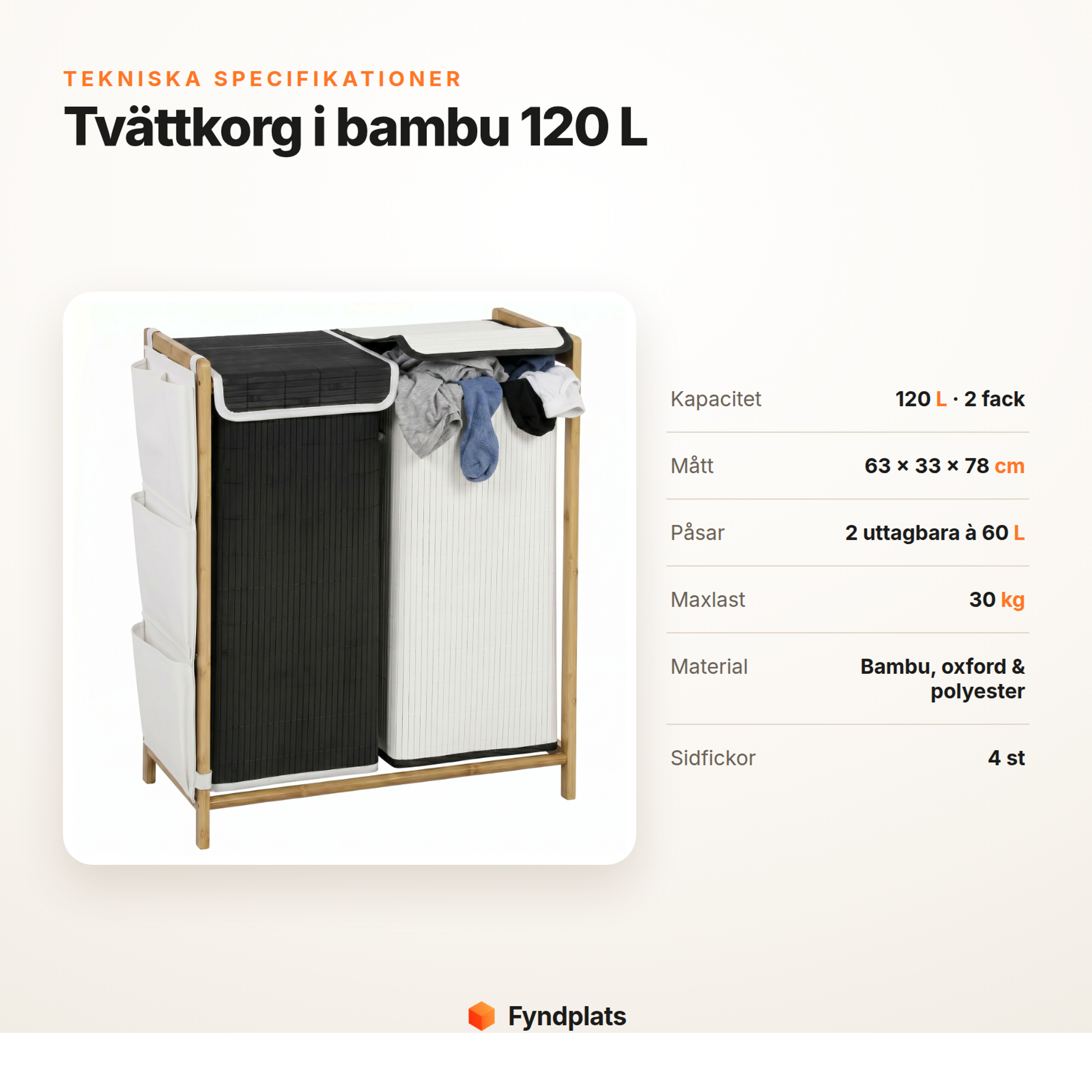 Fyndplats-kort: tekniska specifikationer för tvättkorg i bambu