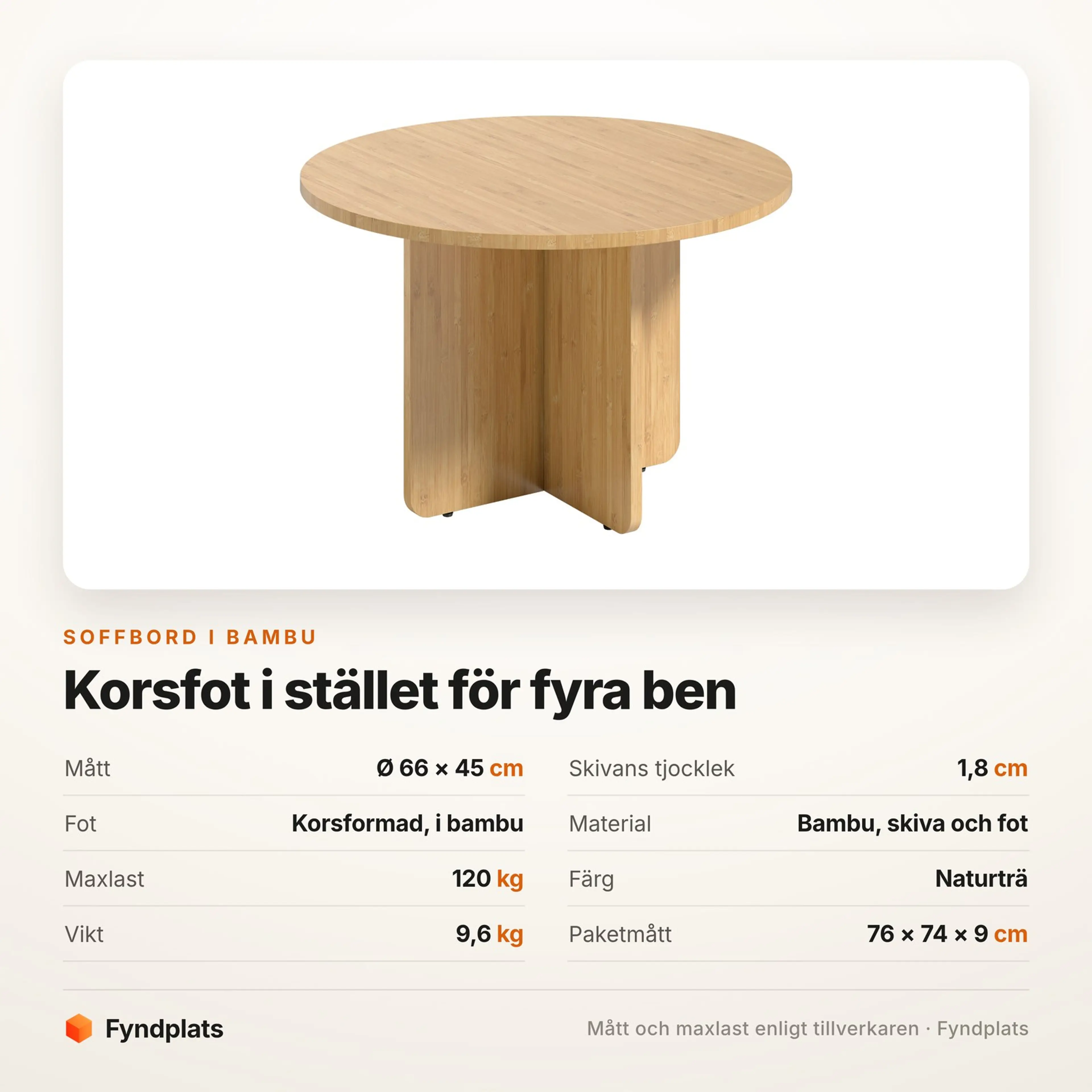 Spec-kort för soffbordet: Ø 66 × 45 cm, skiva 1,8 cm och 120 kg maxlast