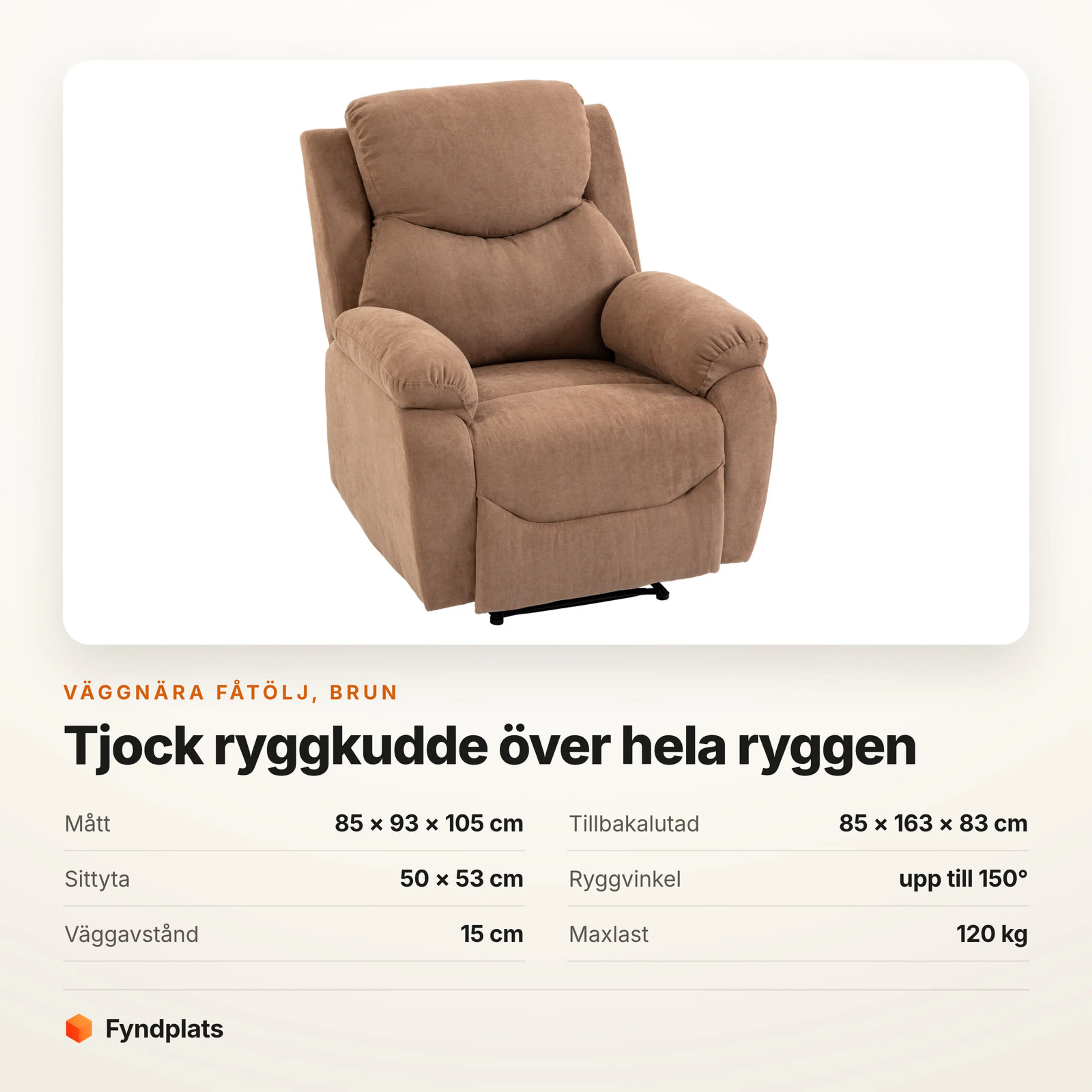 Väggnära fåtölj i brun linnelook – Faktakort med mått, sittyta, ryggvinkel, väggavstånd och maxlast