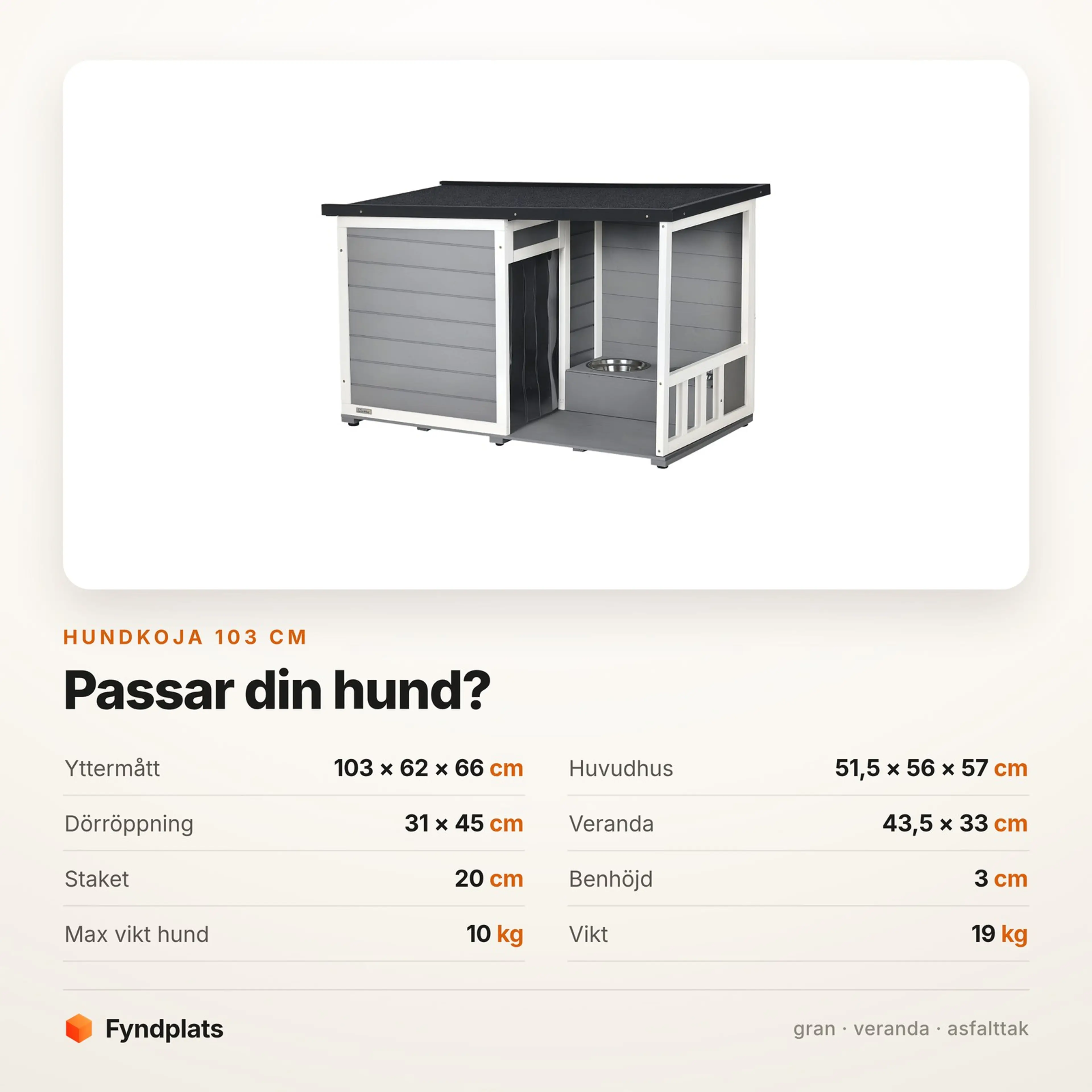 Faktakort: mått och passform för hundkojan på 103 cm