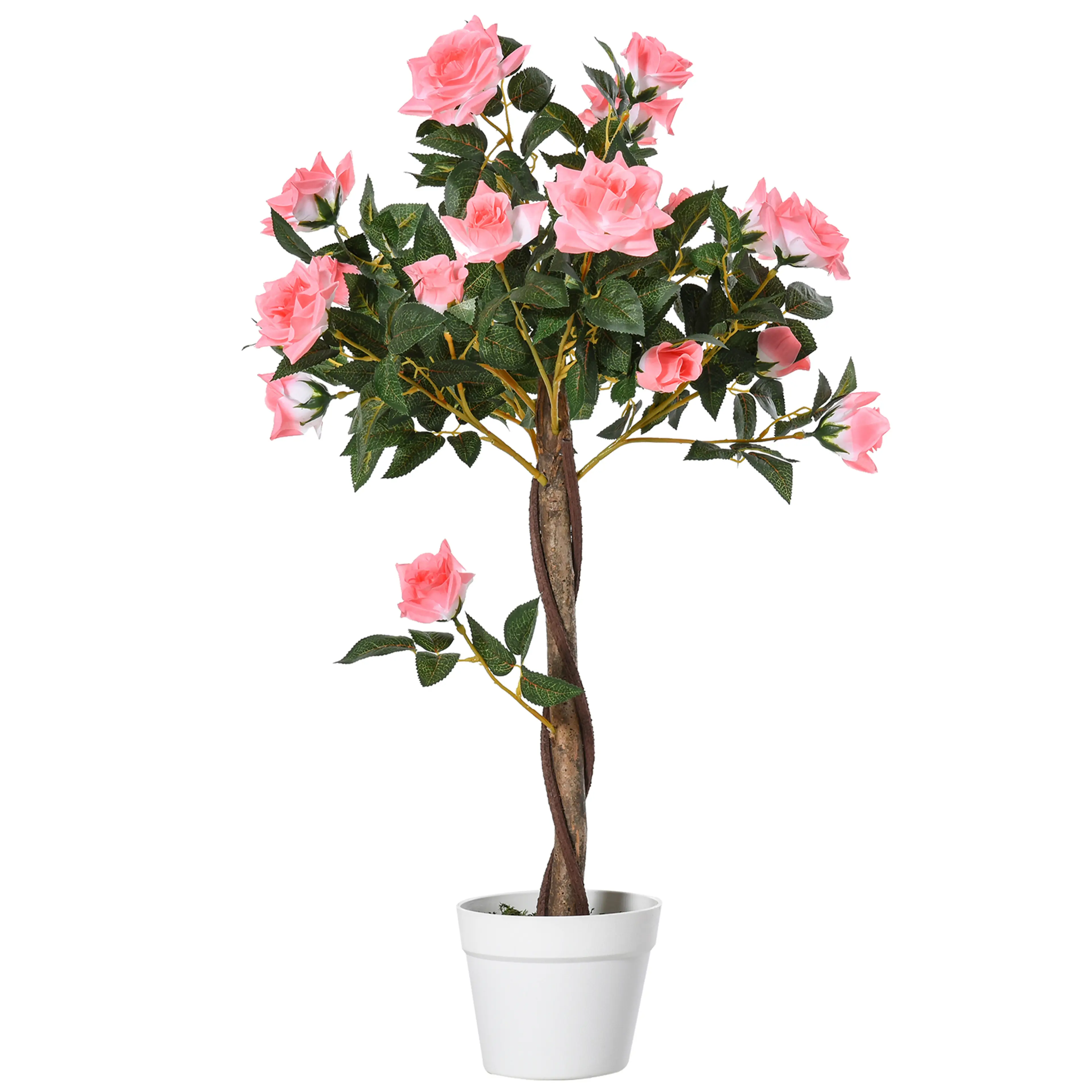 Konstgjort rosenträd med rosa rosor i en vit kruka