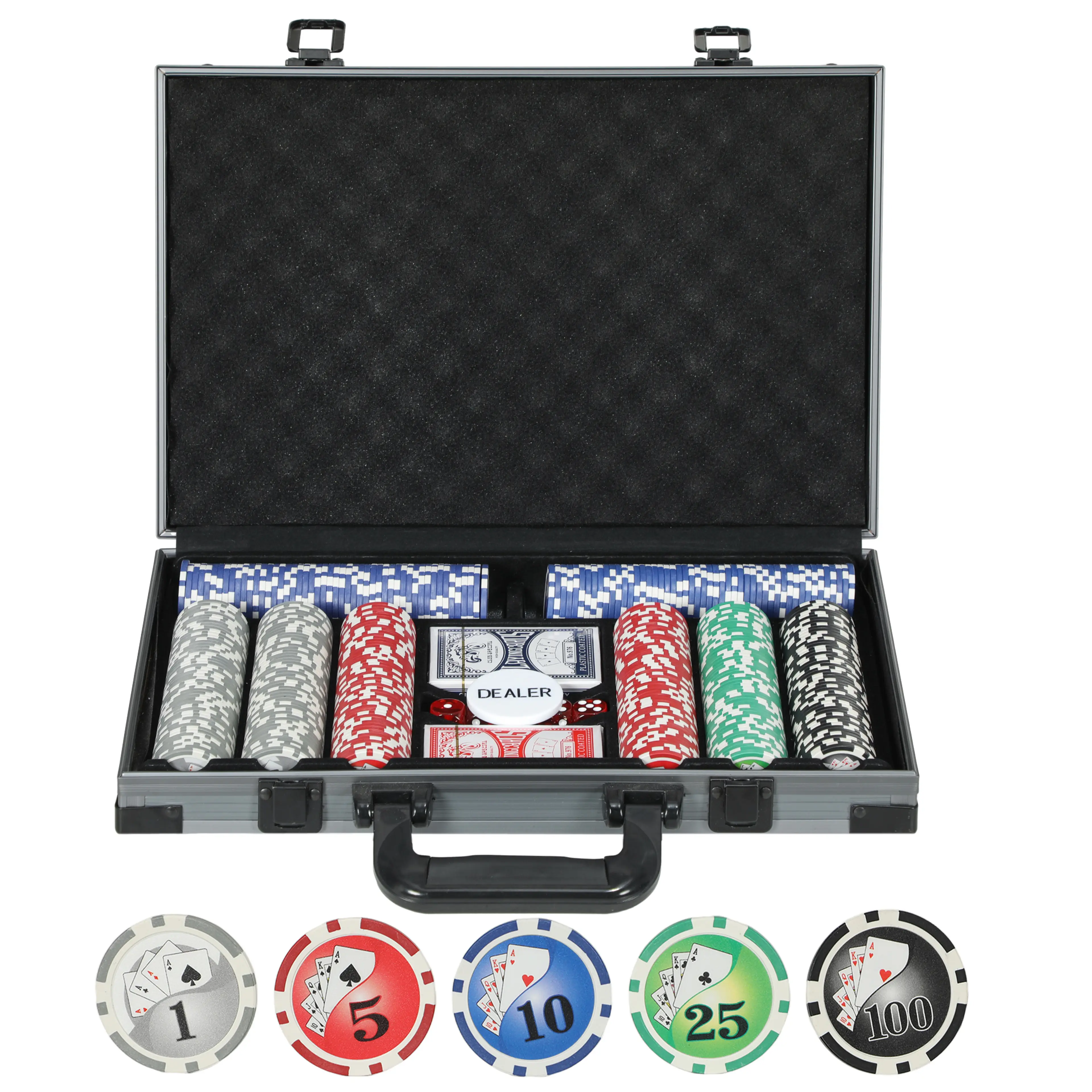 Pokerset i öppen väska med marker i fem färger, kortlekar och dealerknapp