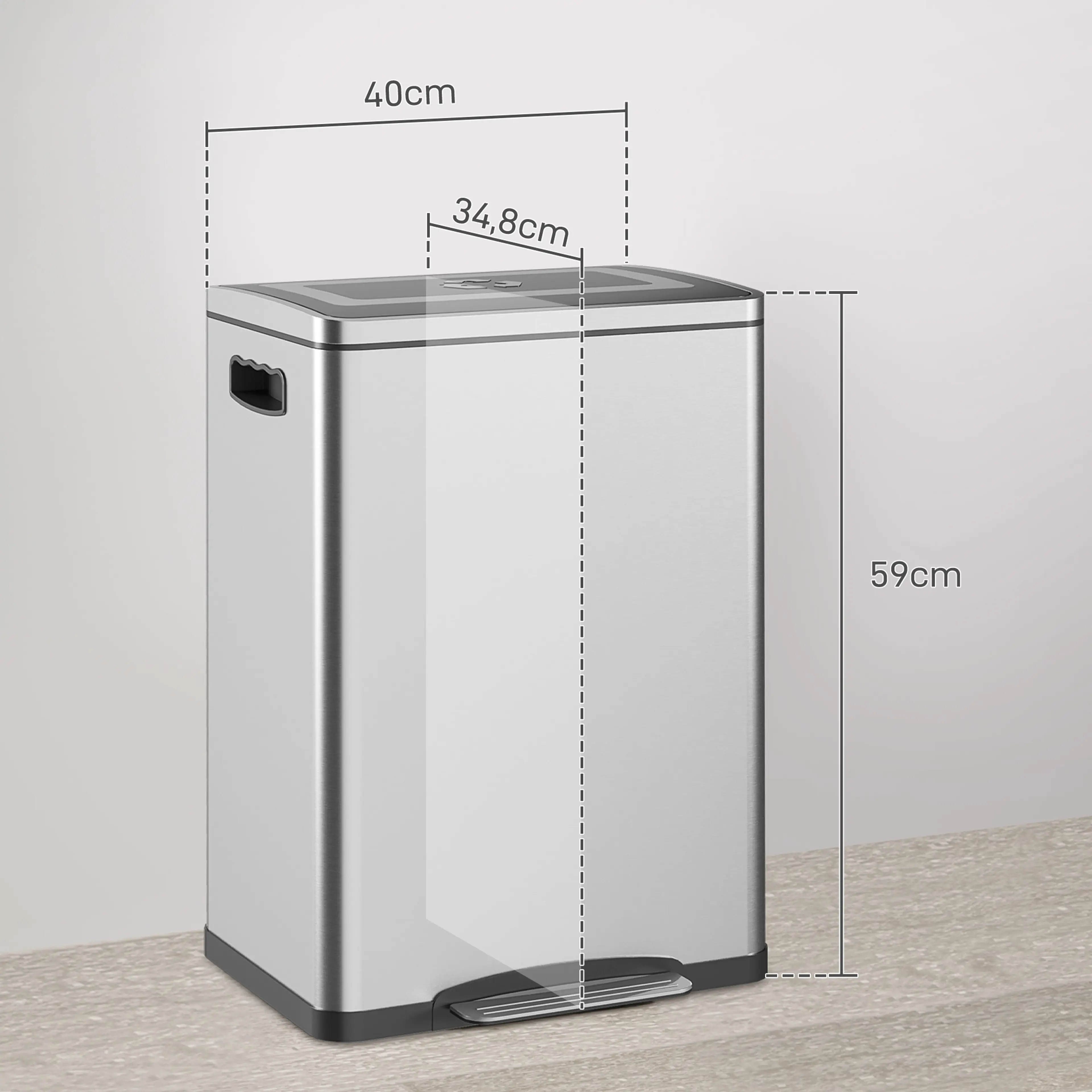 Måttritning: den smala soptunnan är 40 cm bred, 34,8 cm djup och 59 cm hög