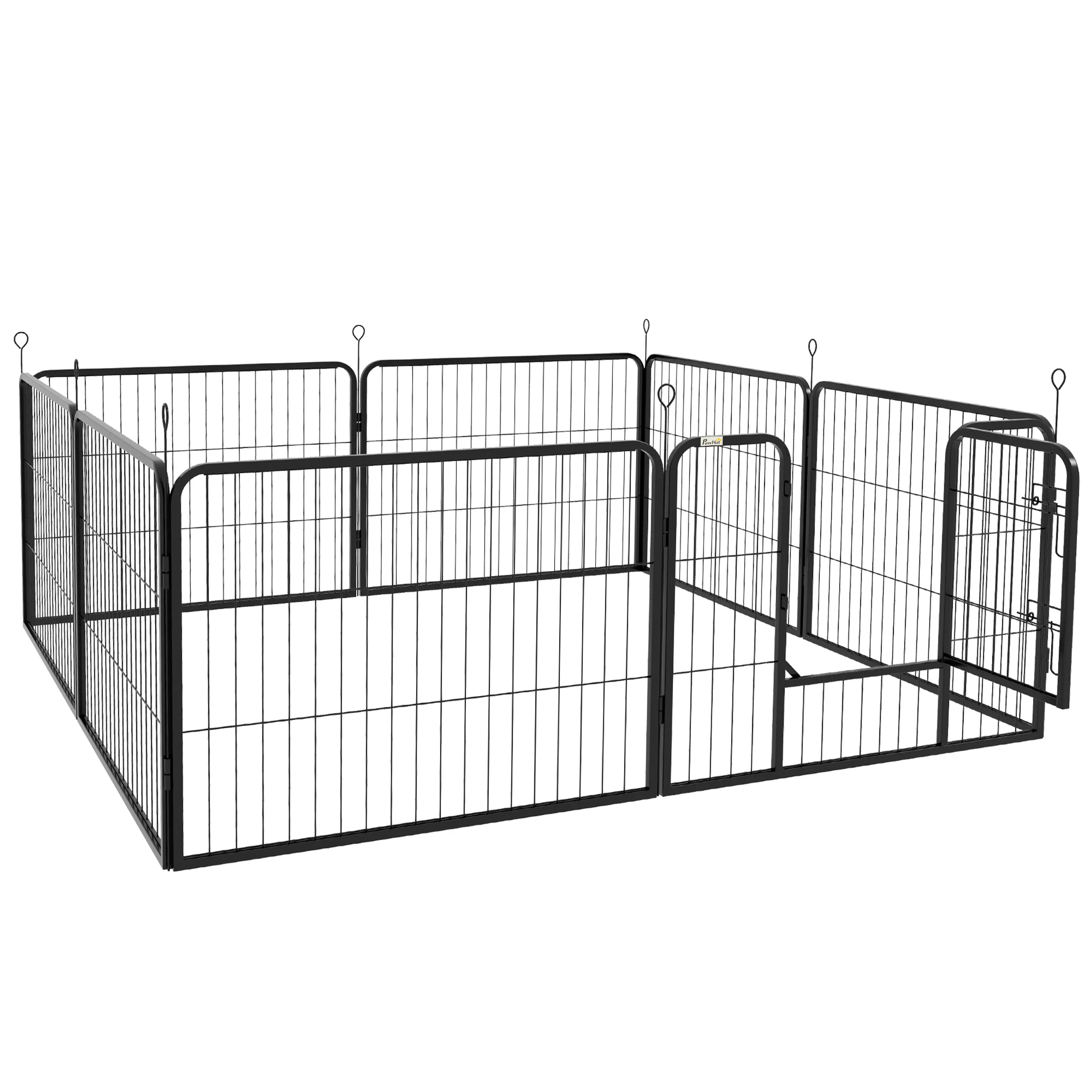 Hundhage med åtta paneler i svart ståltråd – 80 × 60 cm per panel, dörr med lås