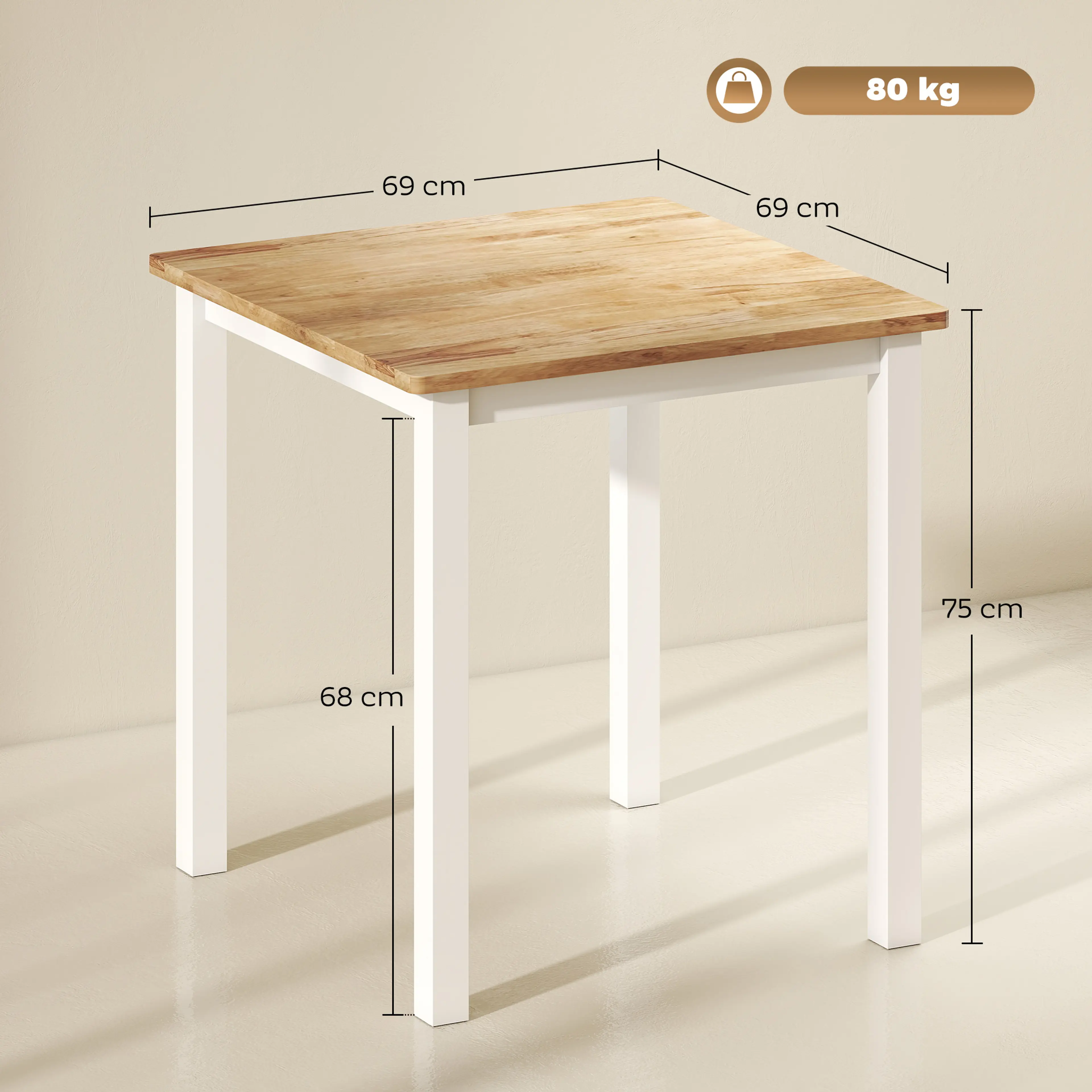 Måttritning över det kvadratiska bordet med 69 × 69 cm skiva, 75 cm höjd och 68 cm fri höjd