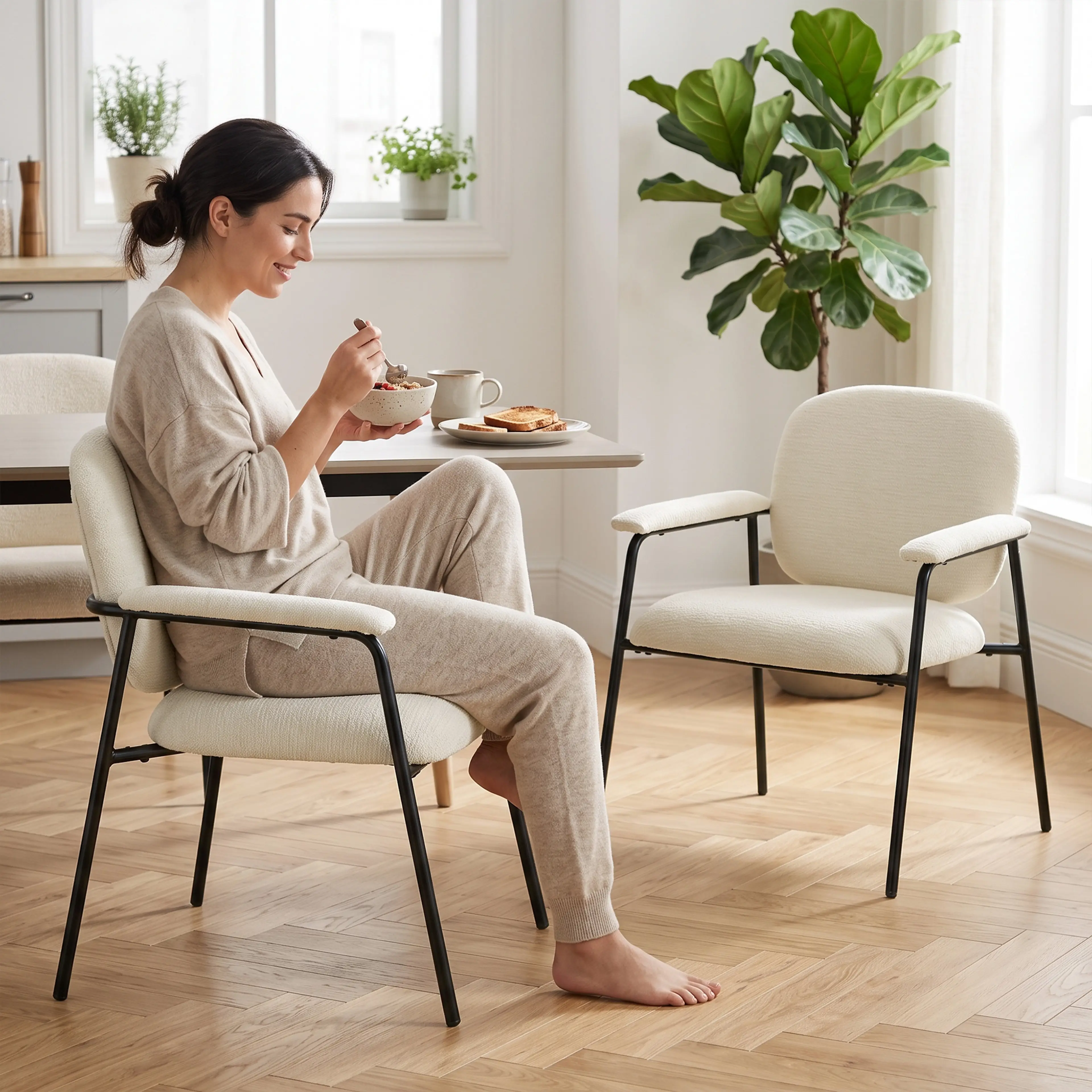 En kvinna äter frukost i den ena fåtöljen, med den andra fåtöljen vid ett bord