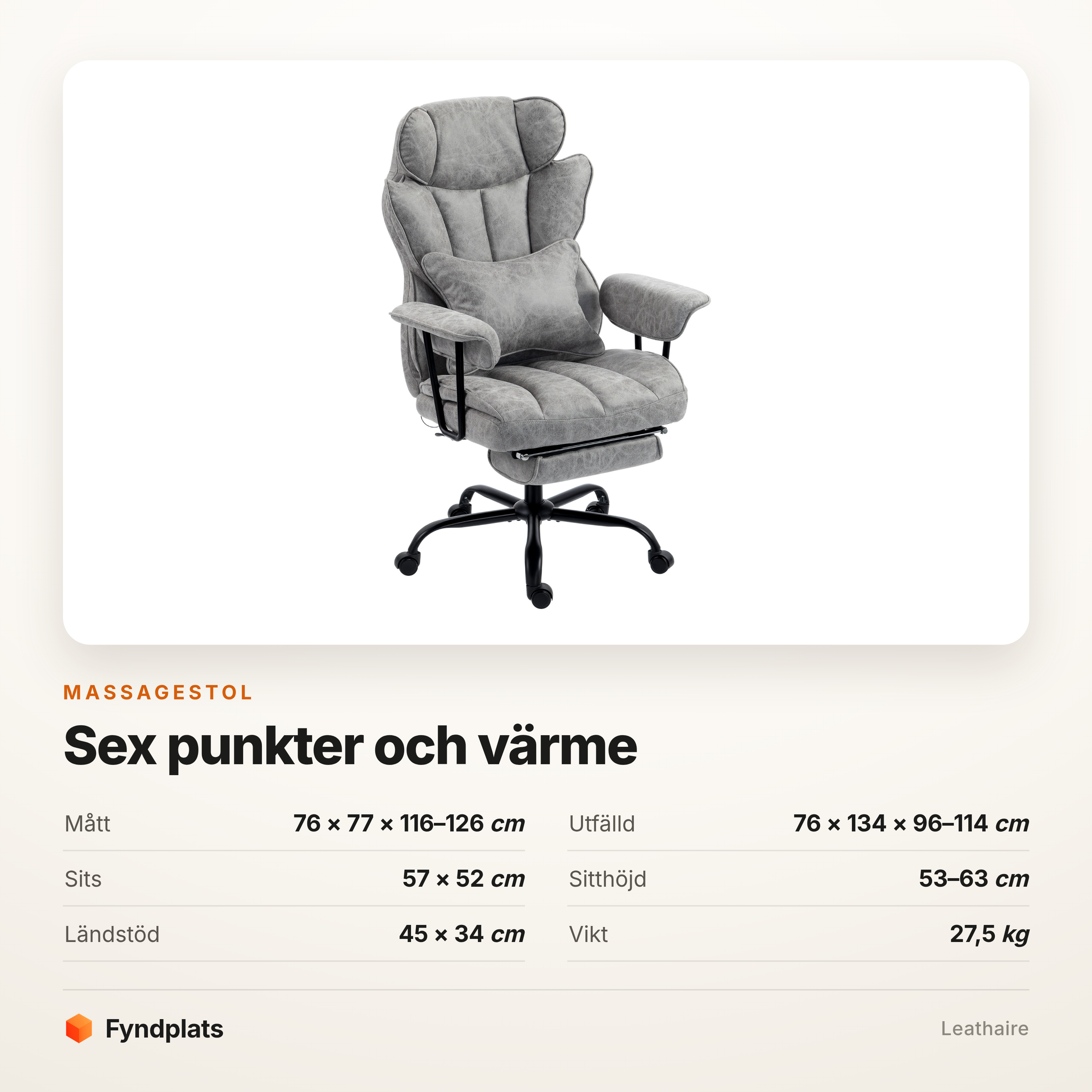 Massagestol med sex punkter och värme – brett ländstöd, 134 cm liggläge – bild 5