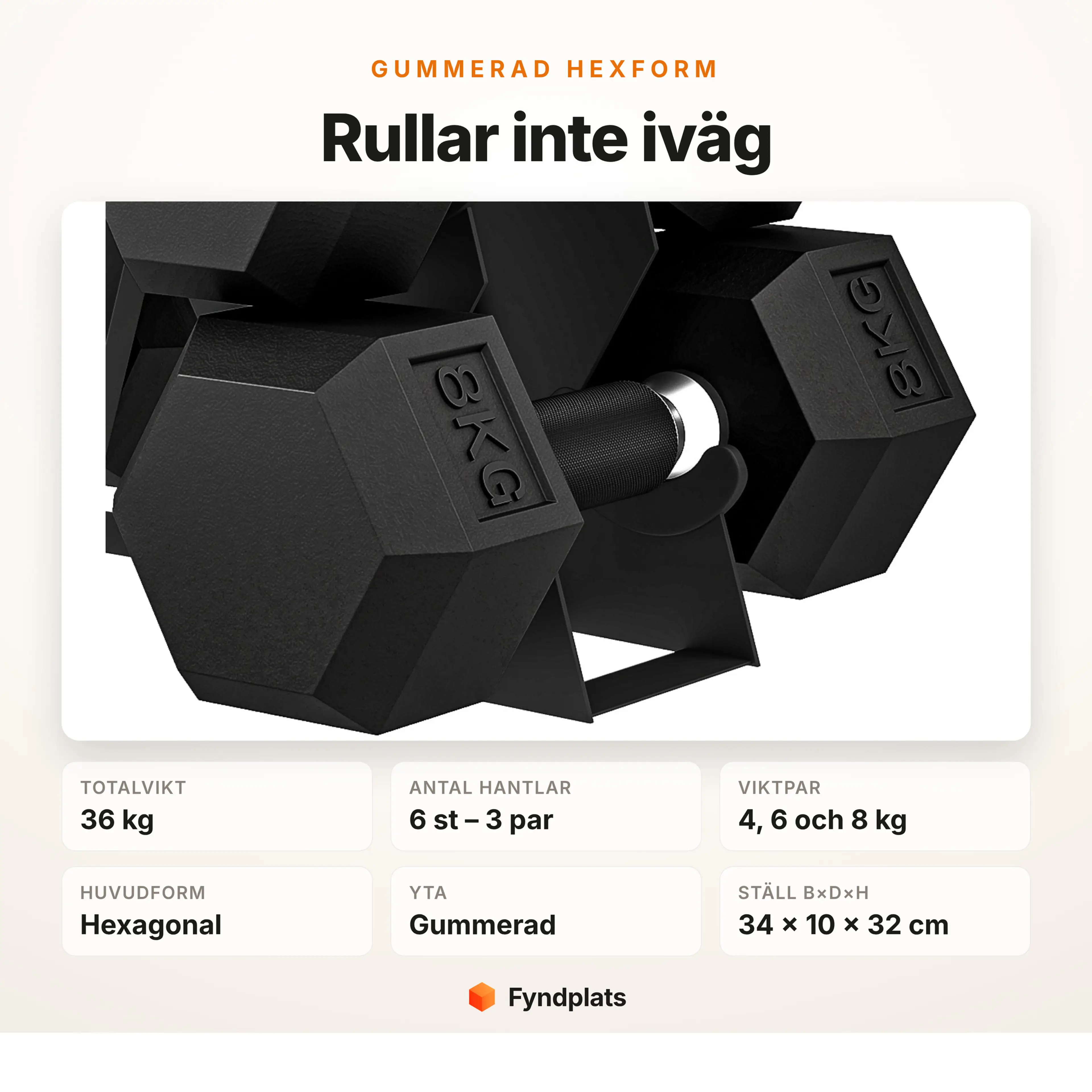 Närbild på gummerad hexhantel med räfflat grepp och gjuten viktmarkering 8 kg – sexkantiga huvuden rullar inte iväg