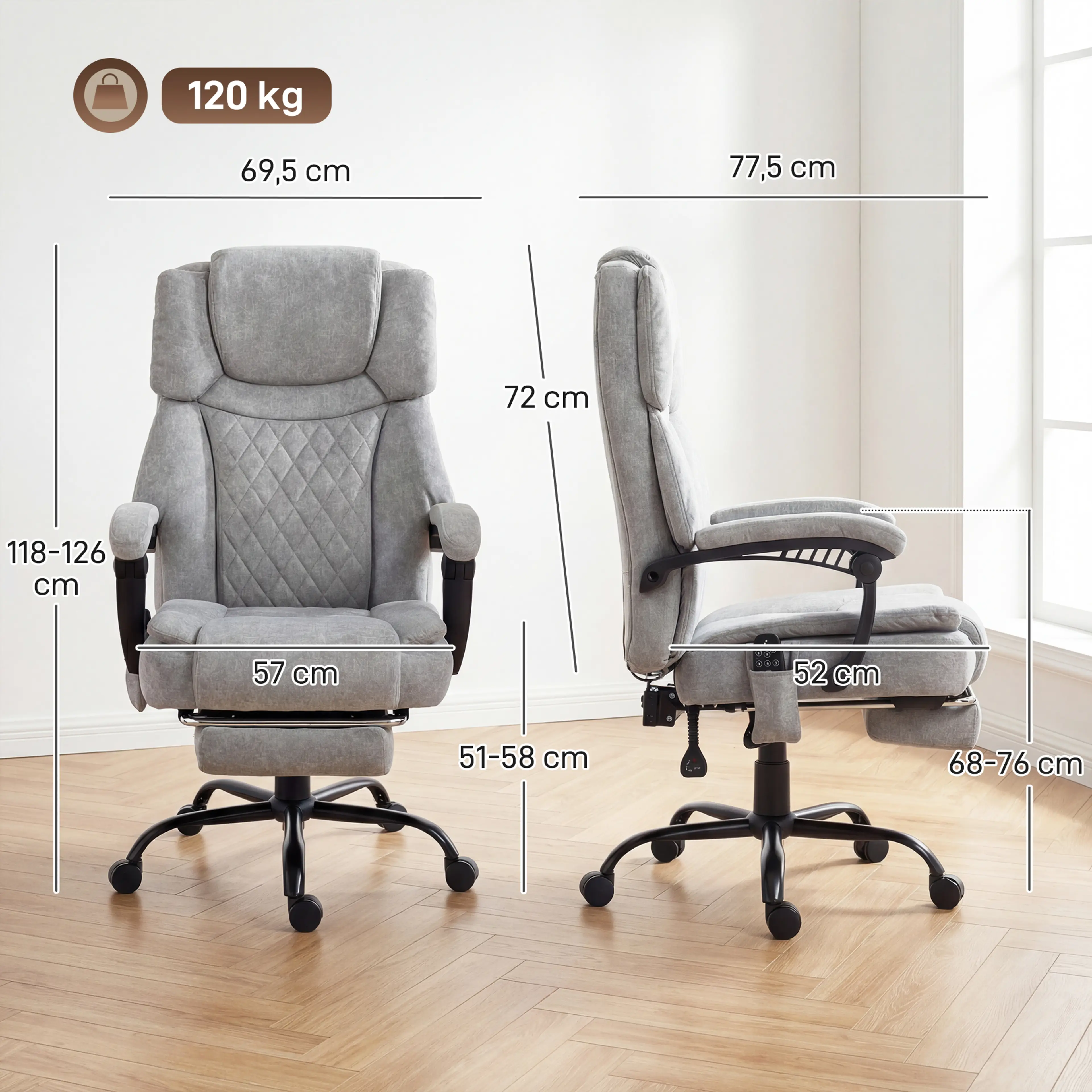 Måttritning med bredd 69,5 cm, djup 77,5 cm, höjd 118–126 cm och sitthöjd 51–58 cm