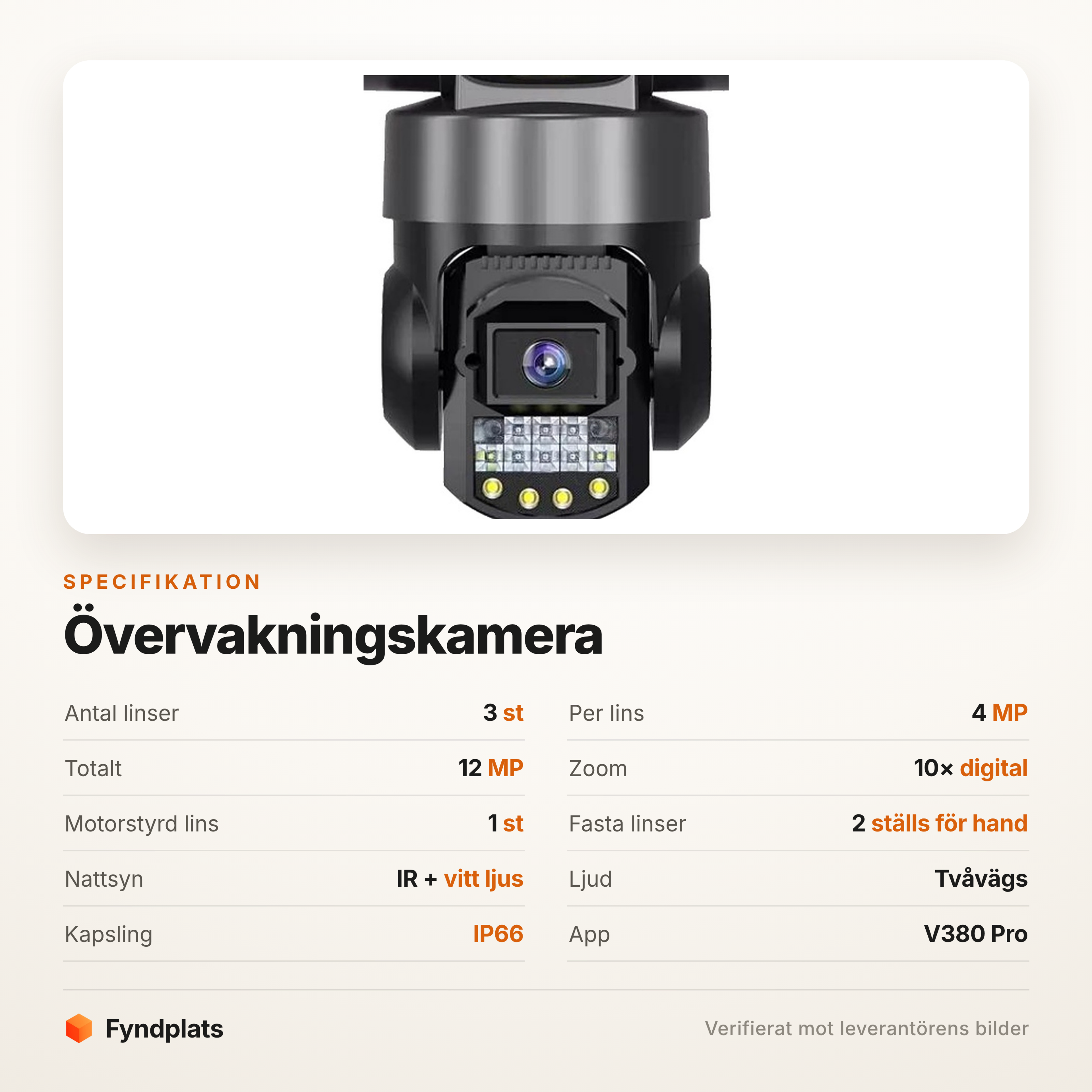 Specifikation: tre linser, 12 MP totalt, 10× digital zoom, IP66 och appen V380 Pro