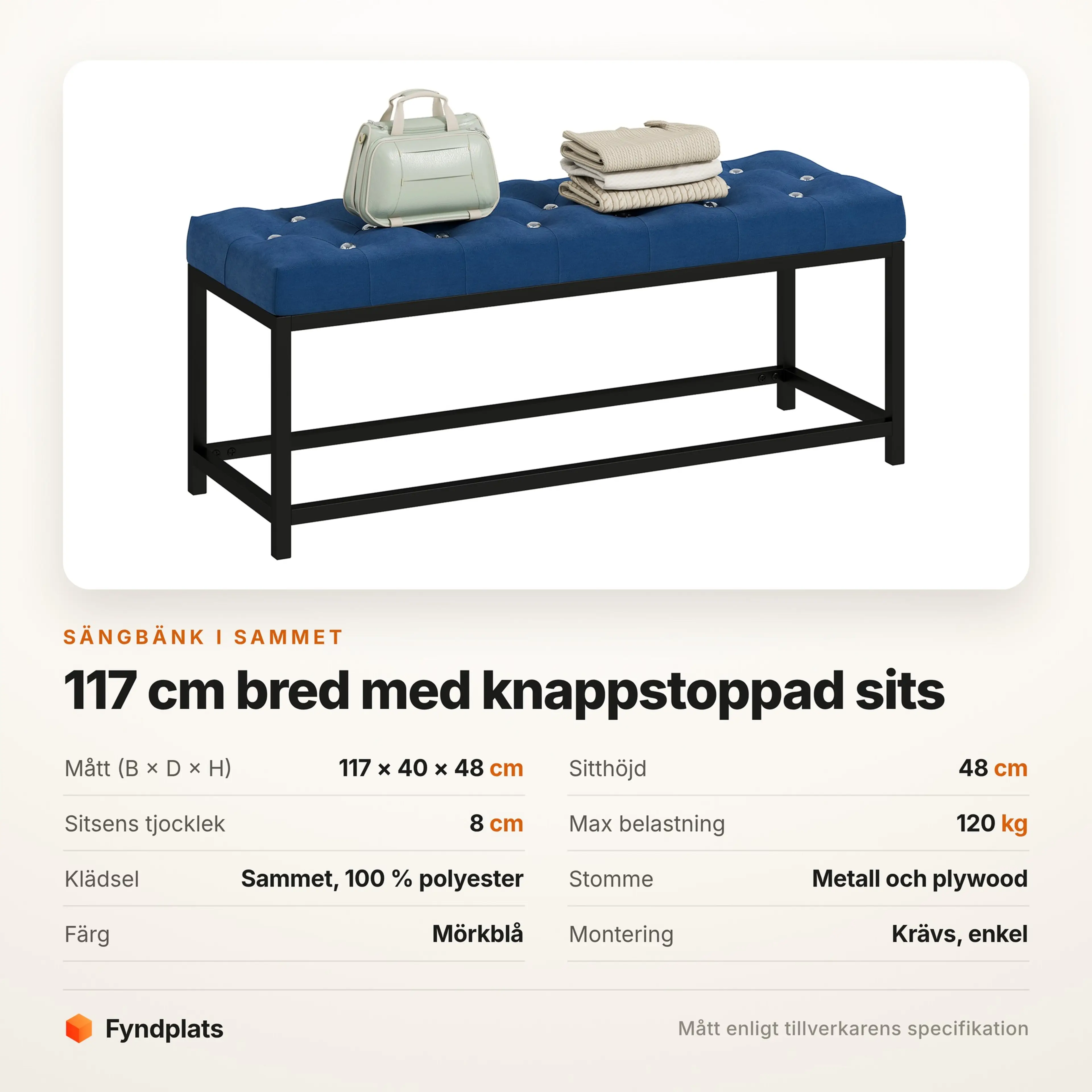 Specifikationer: 117 × 40 × 48 cm, 8 cm sits, bär 120 kg