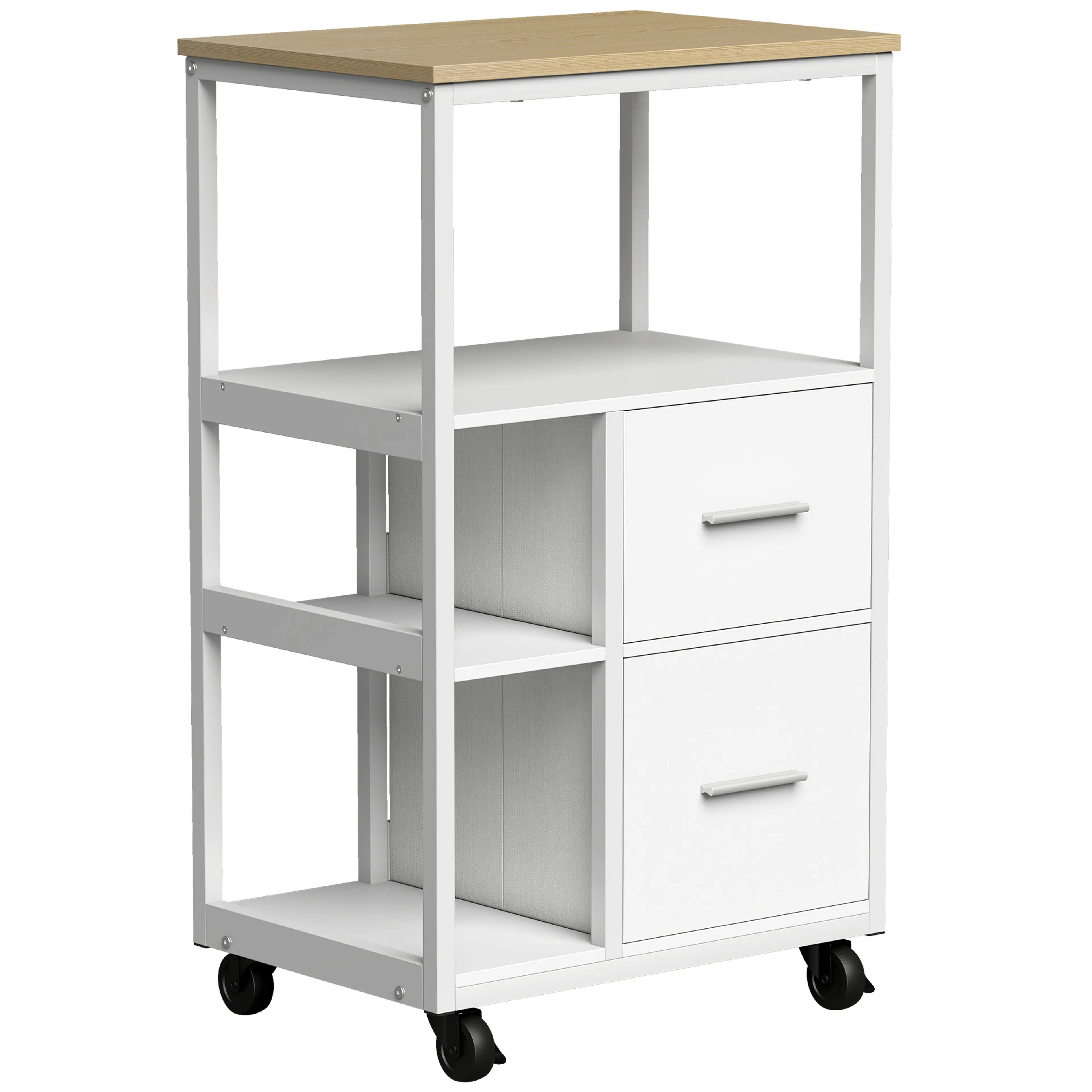 Köksvagn 53 cm med två lådor och öppna fack – vit med träskiva