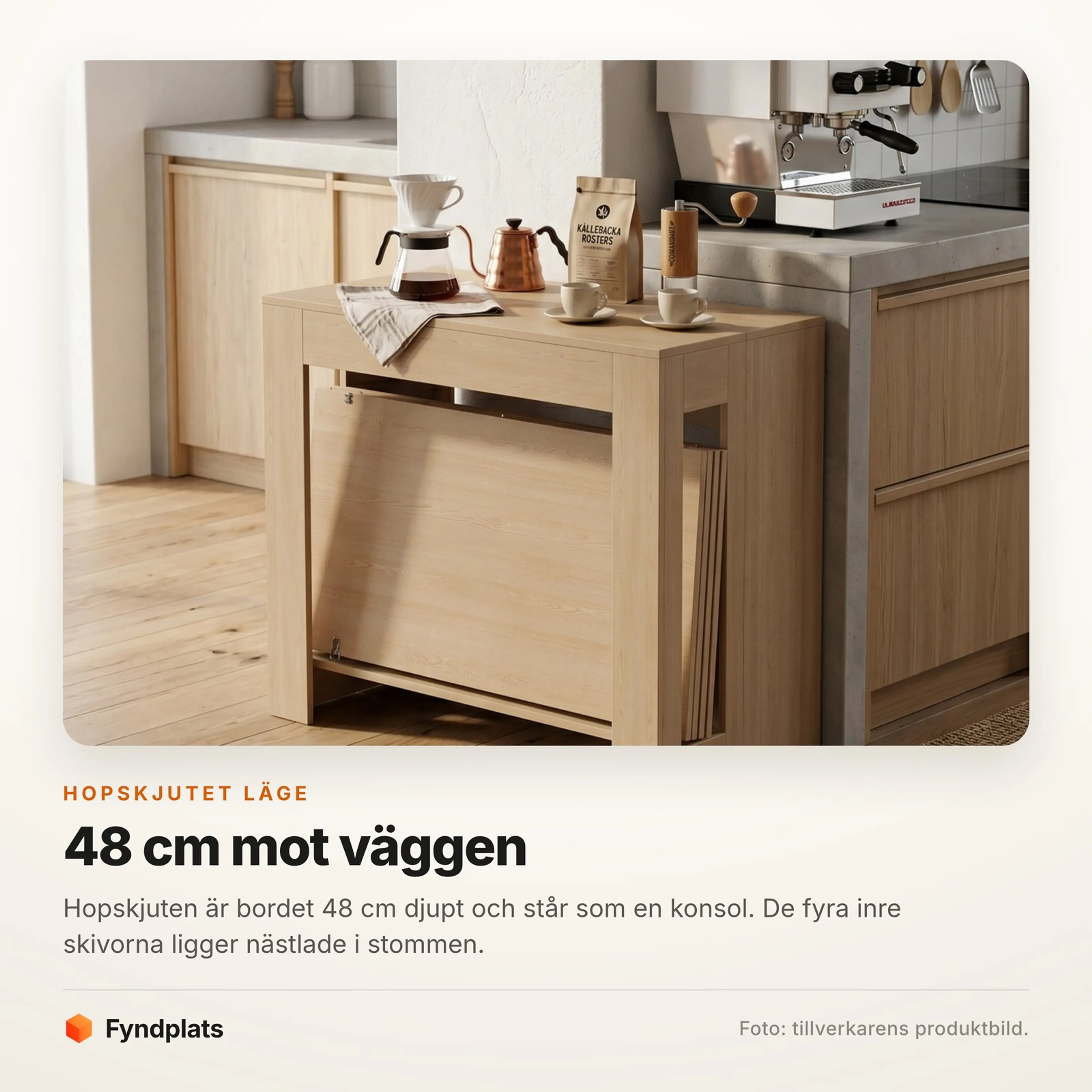 Fotokort som visar konsolbordet hopskjutet till 48 cm mot en köksvägg