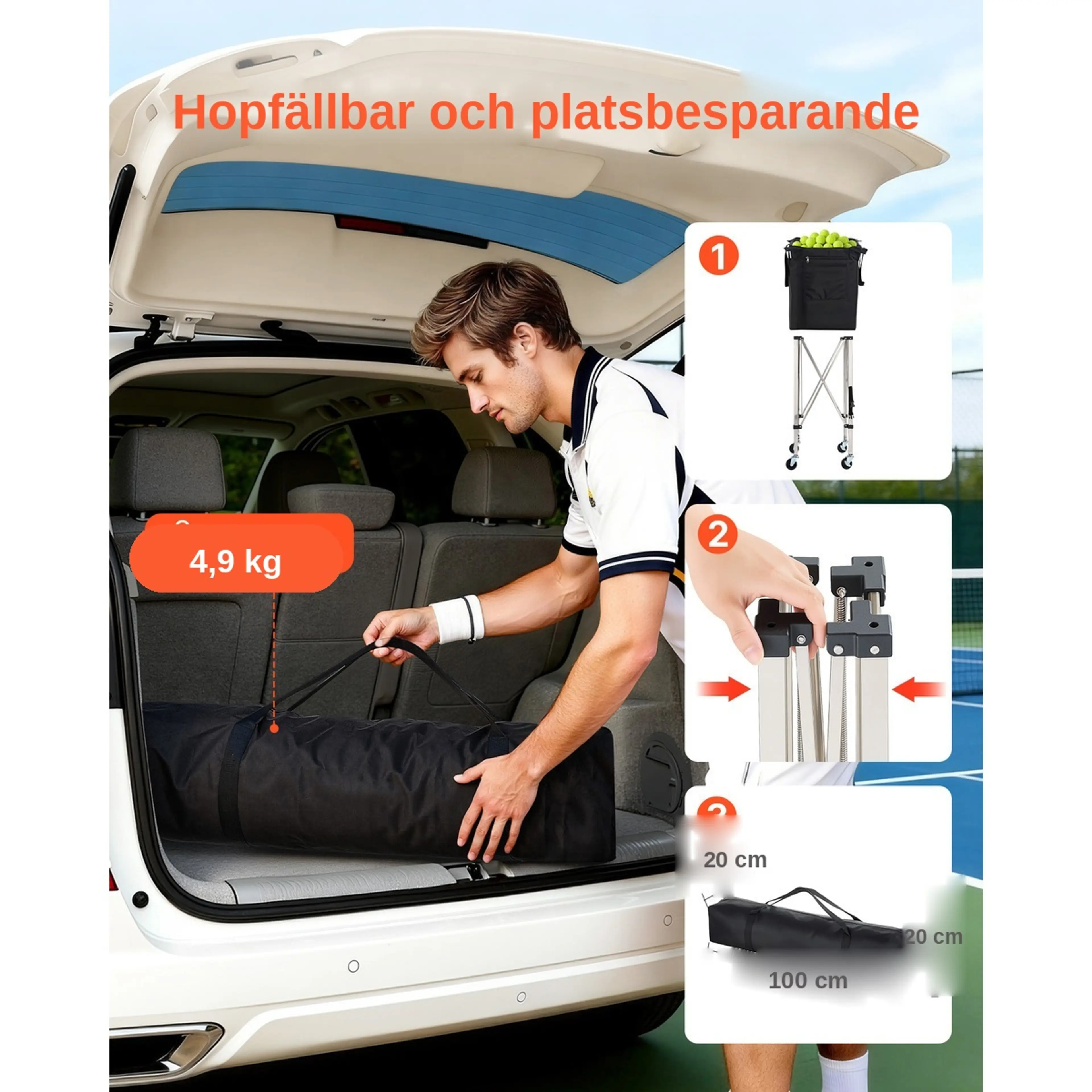 Hopfällbar tennisbollsvagn som får plats i bagageluckan, väger 4,9 kg
