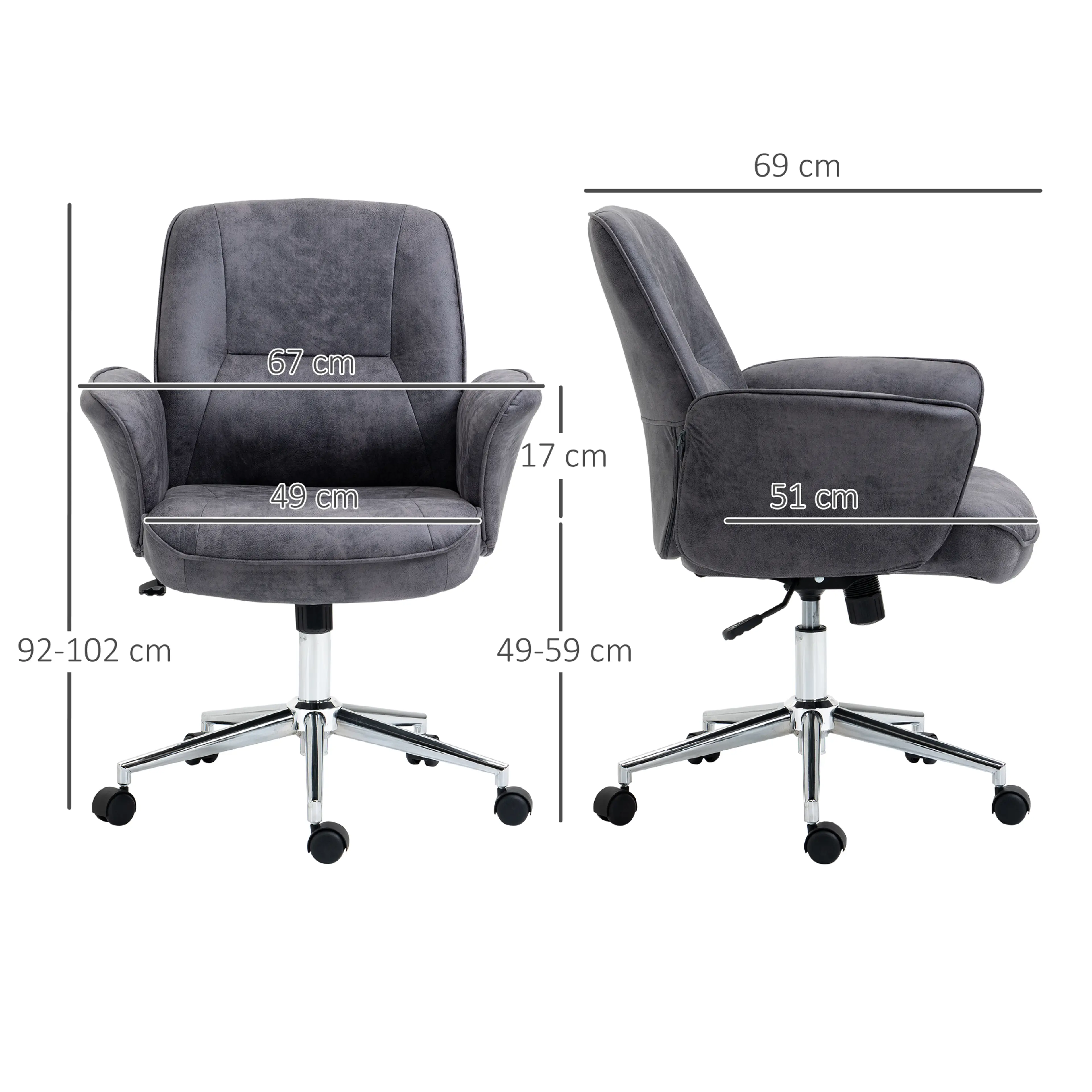 Måttritning med bredd 67 cm, djup 69 cm, höjd 92–102 cm och sitthöjd 49–59 cm