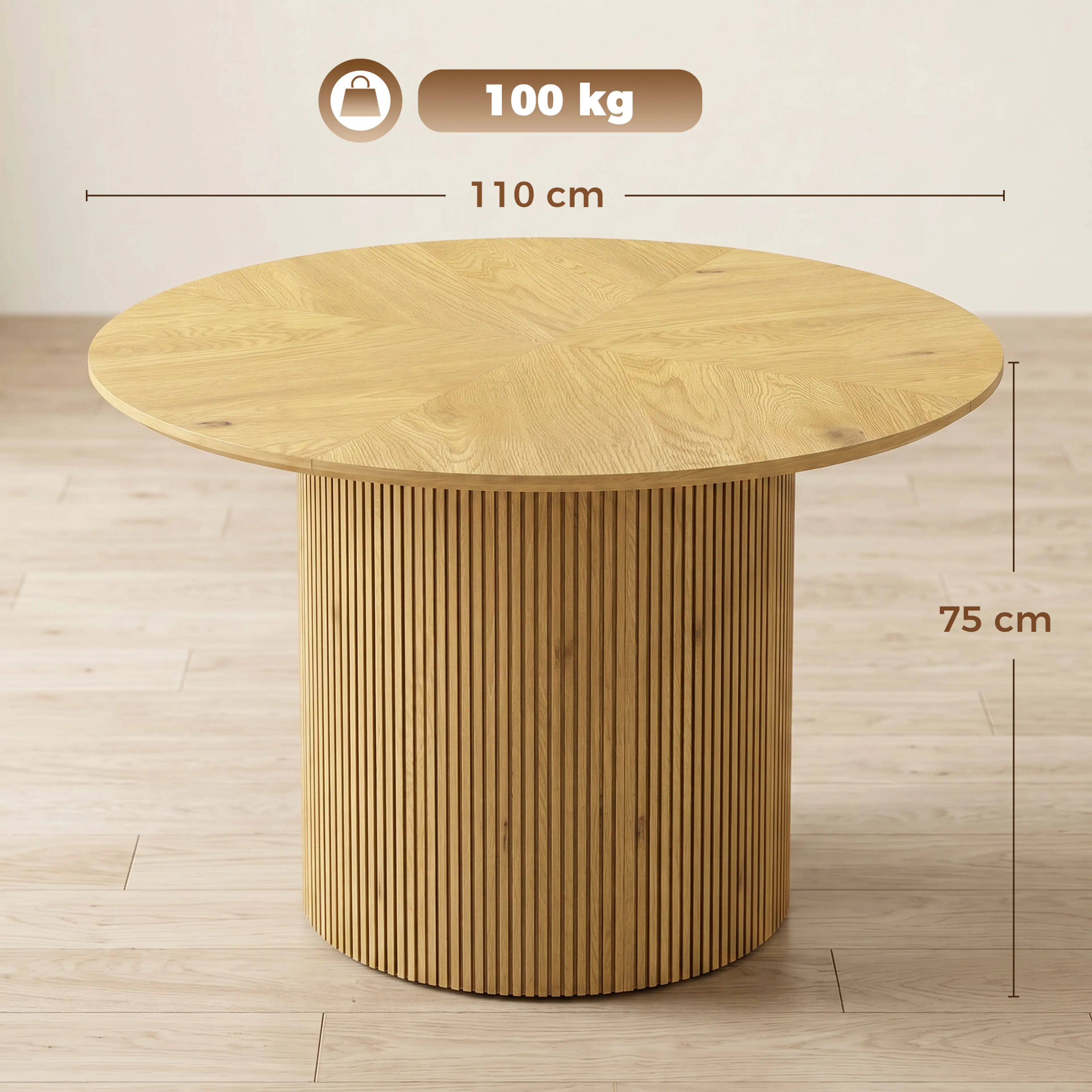 Måttbild: runt matbord 110 cm i diameter, 75 cm högt, maxlast 100 kg