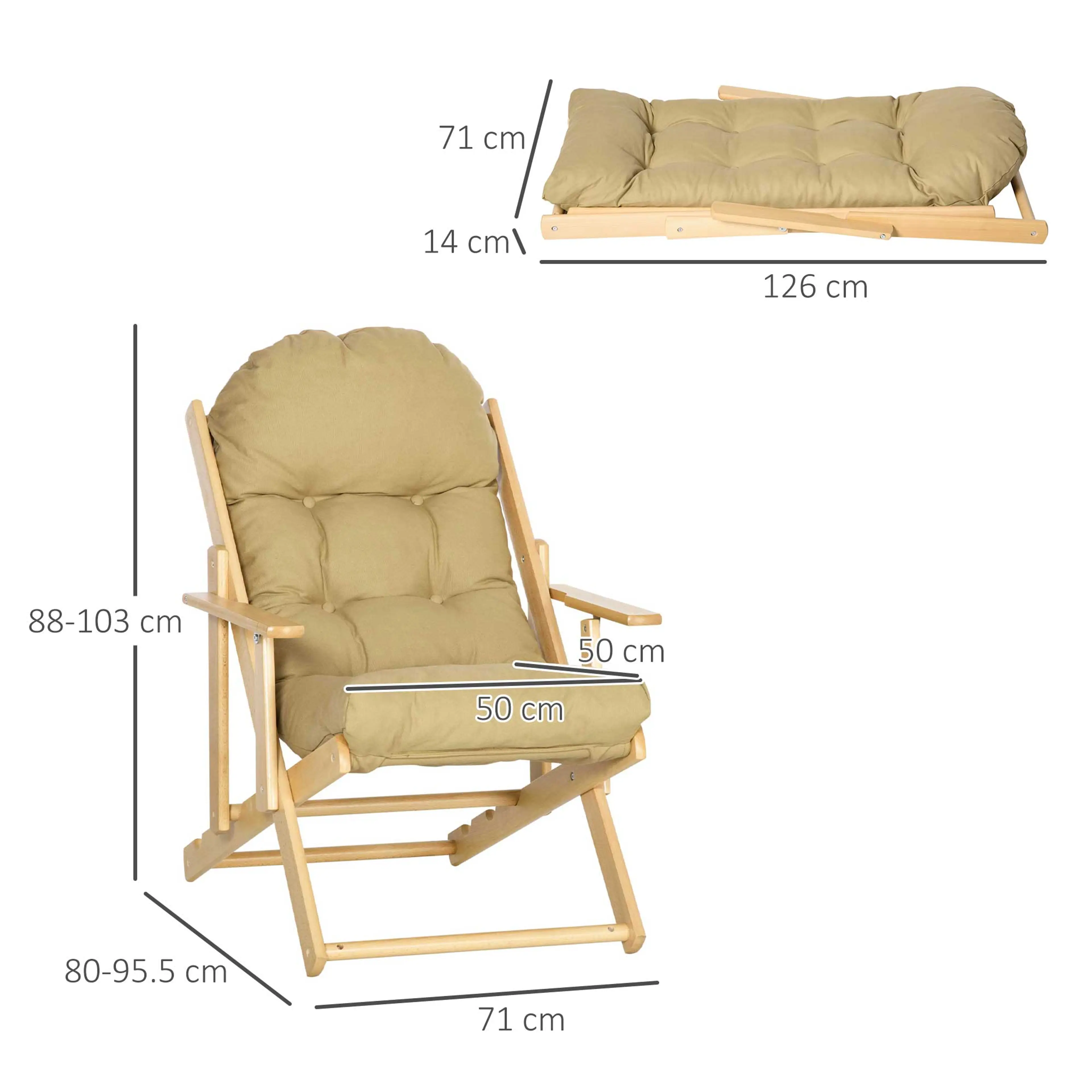 Måttskiss över ryggens lägen: 71 × 89 × 96, 71 × 80 × 103 och 71 × 95,5 × 88 cm, samt 71 × 14 × 126 cm hopfälld
