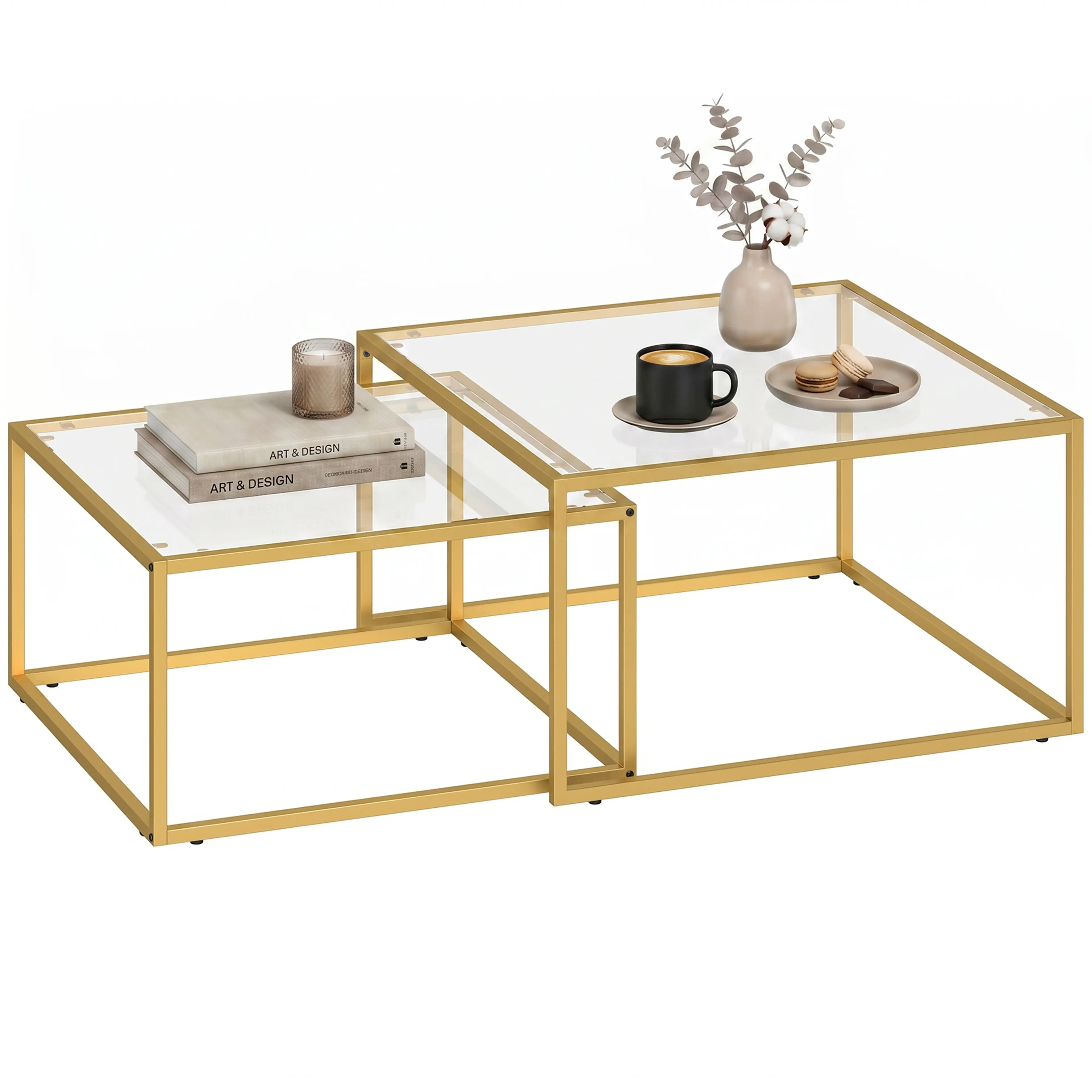 Satsbord glas 2 delar – soffbord med metallram, 75 och 65 cm
