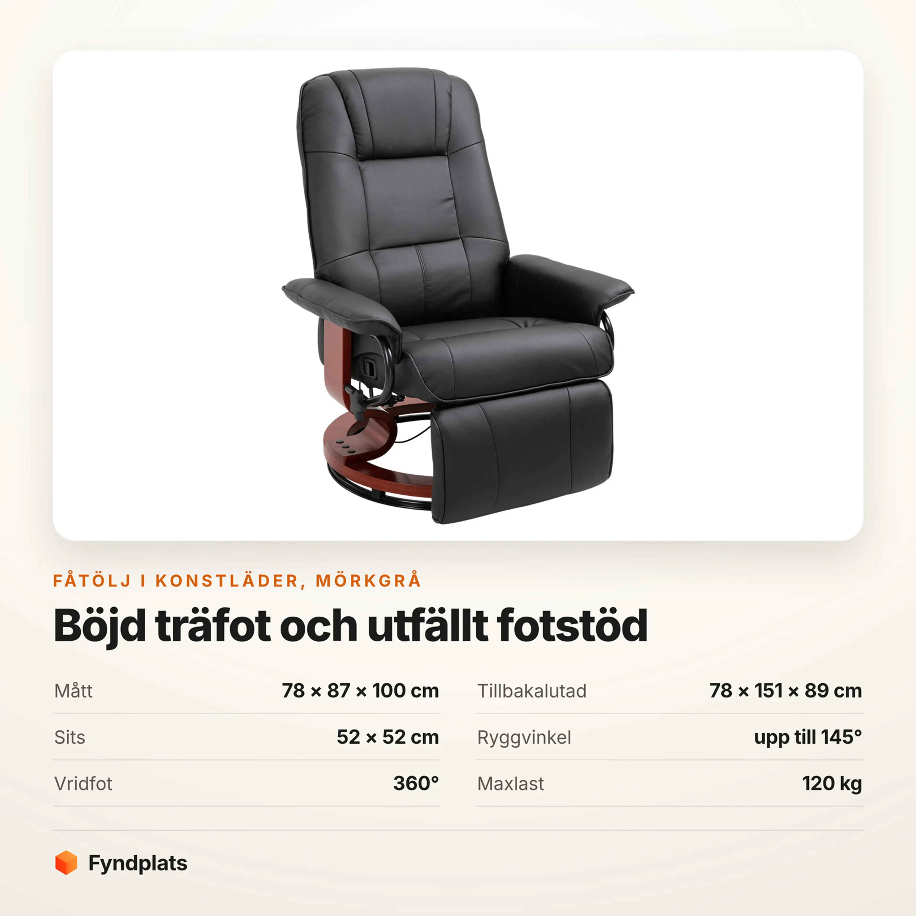 Specifikationer för Fåtölj i konstläder med 360° vridfot, rygg till 145° – mörkgrå – kort från Fyndplats