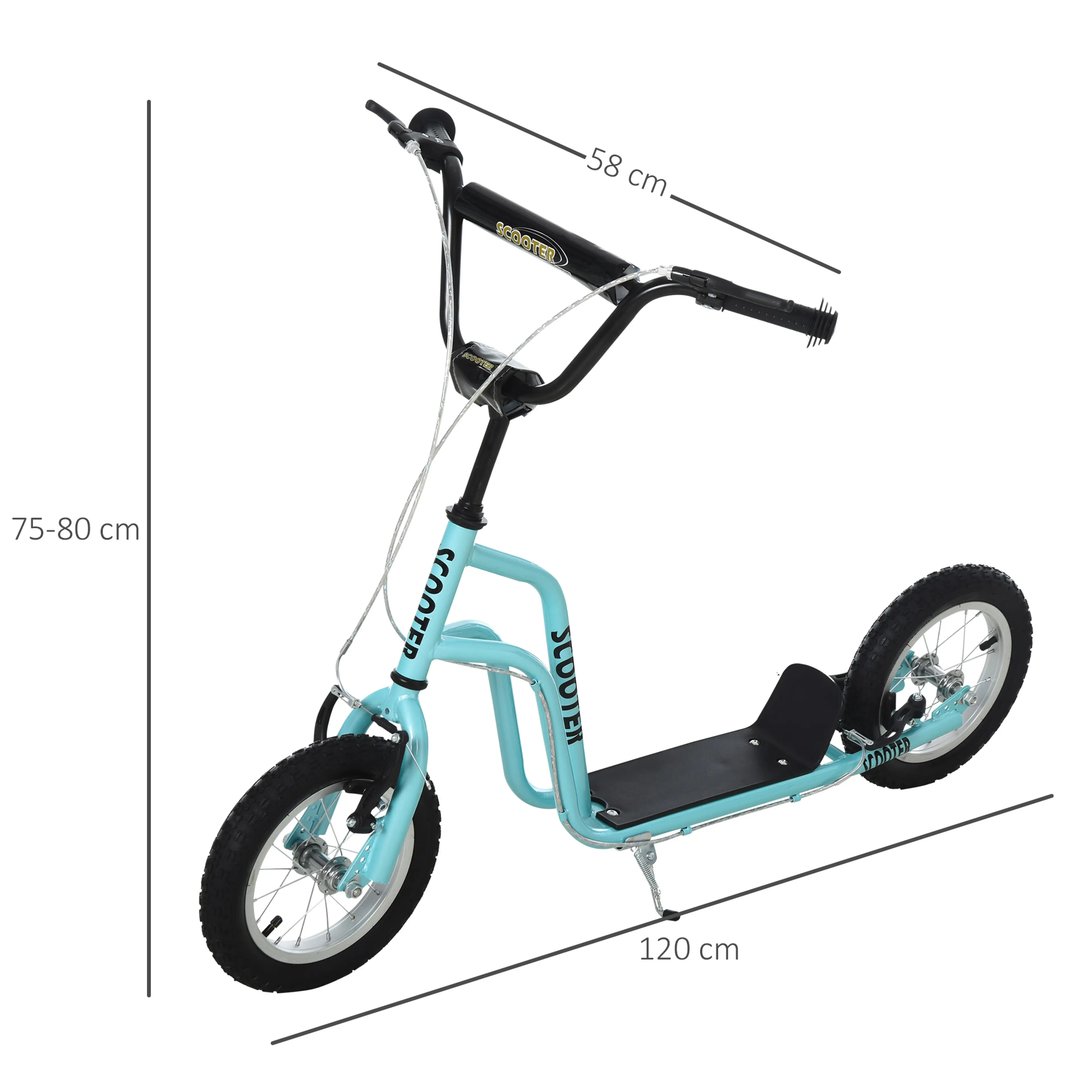 Måttritning för turkos sparkcykel: 120 × 58 cm och styre 75–80 cm