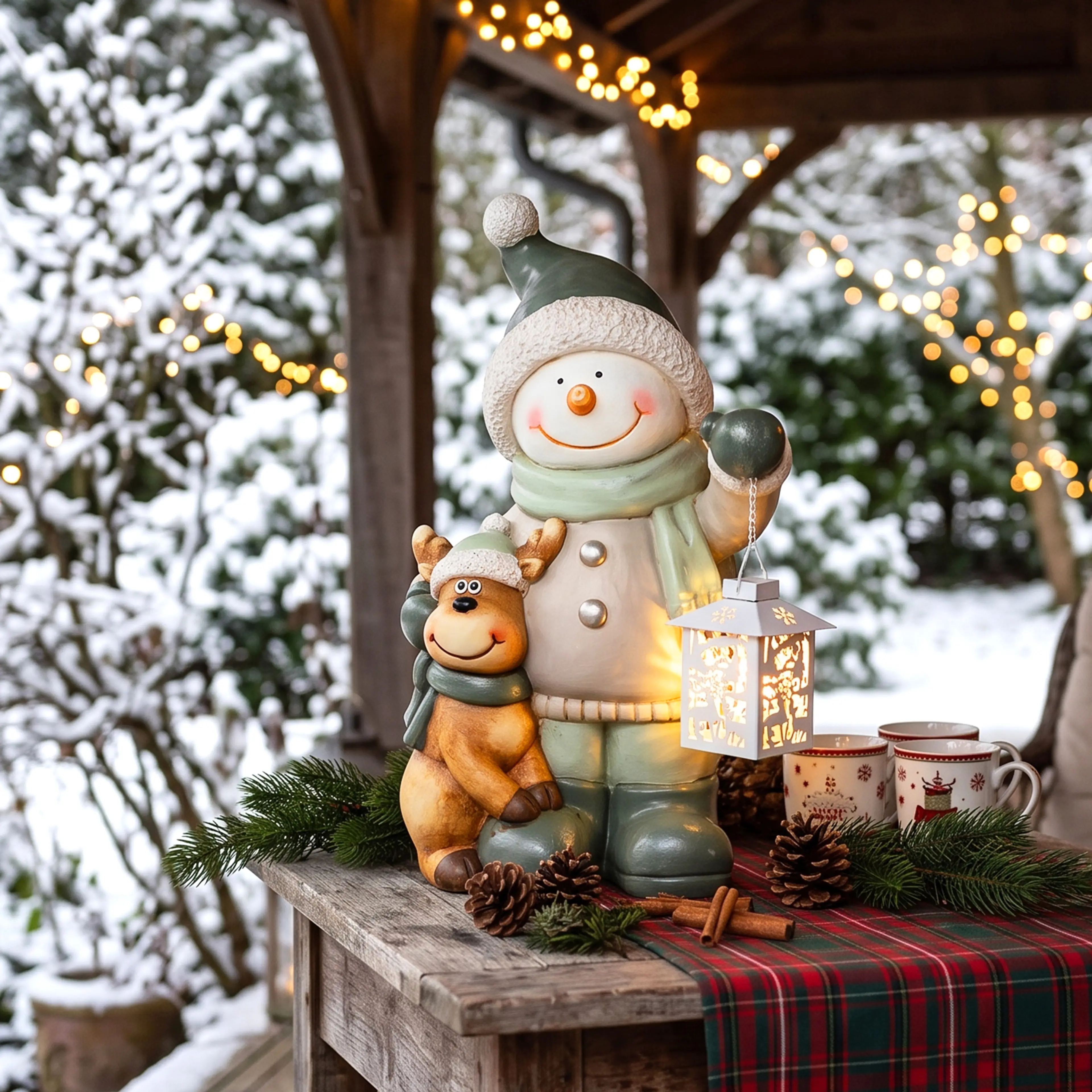 Snögubben tänd på en uteplats under tak med ljusslingor omkring