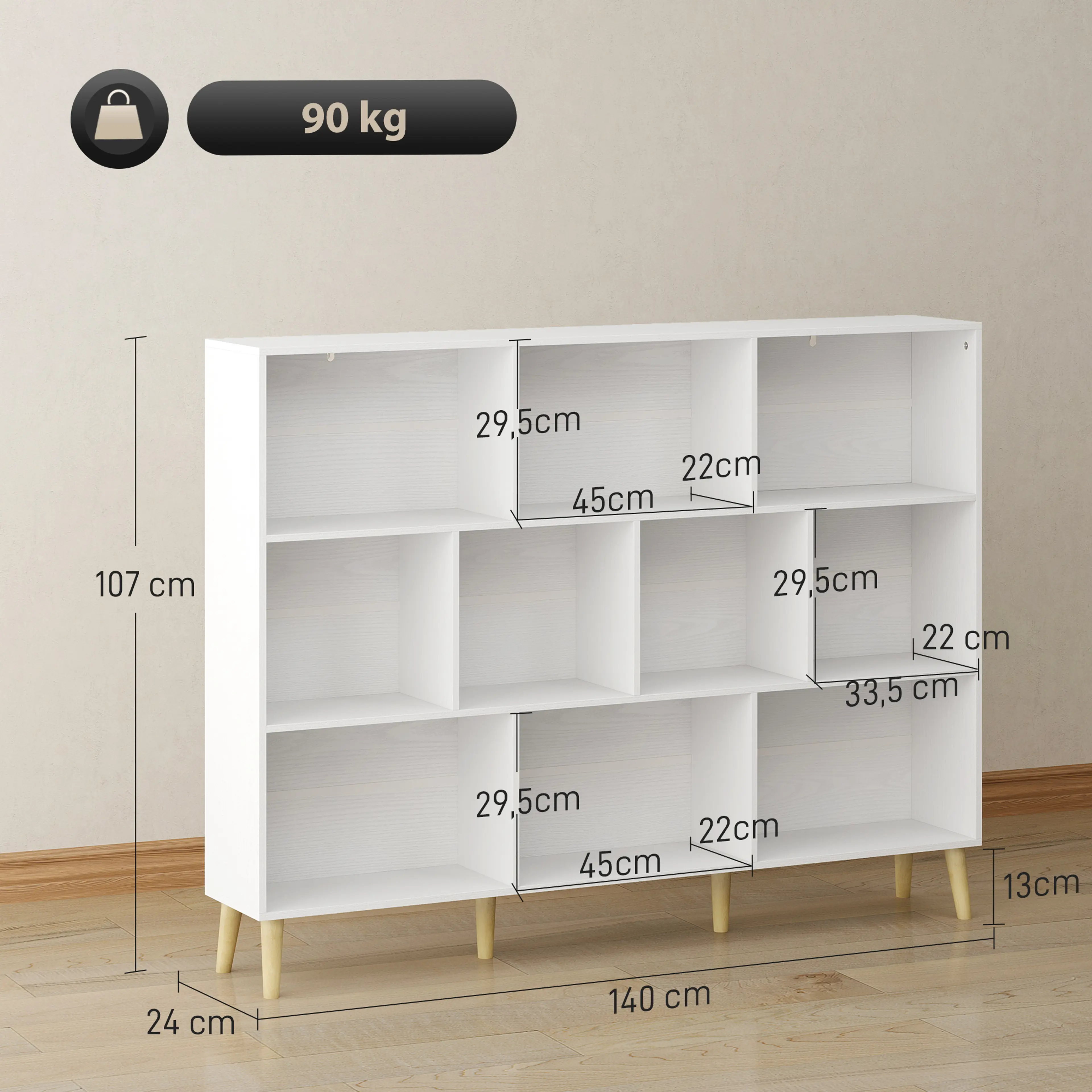 Måttritning för kubhylla: 140 × 107 × 24 cm med fack på 45 och 33,5 cm