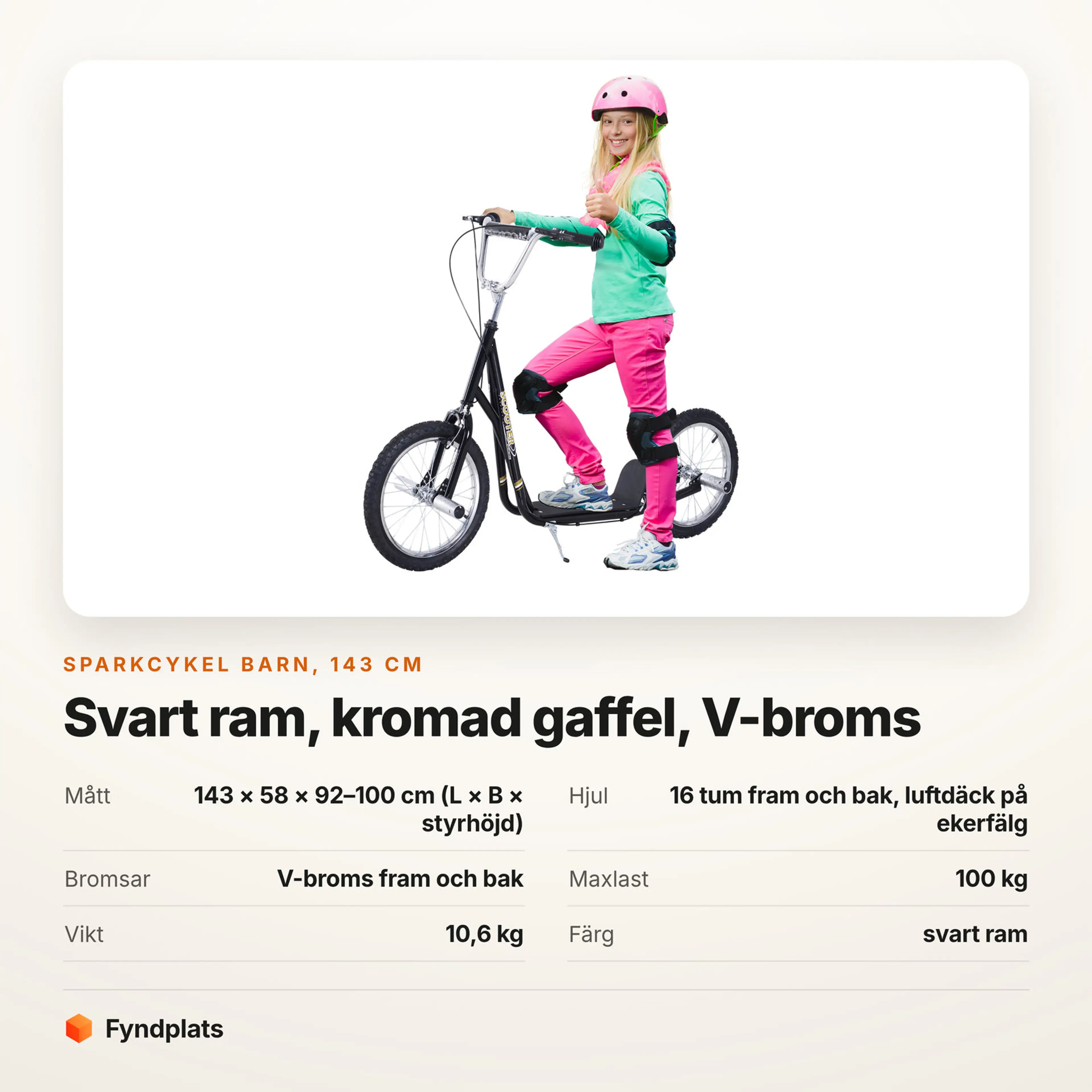 Faktakort för svart sparkcykel barn: 143 cm lång, V-broms och maxlast 100 kg