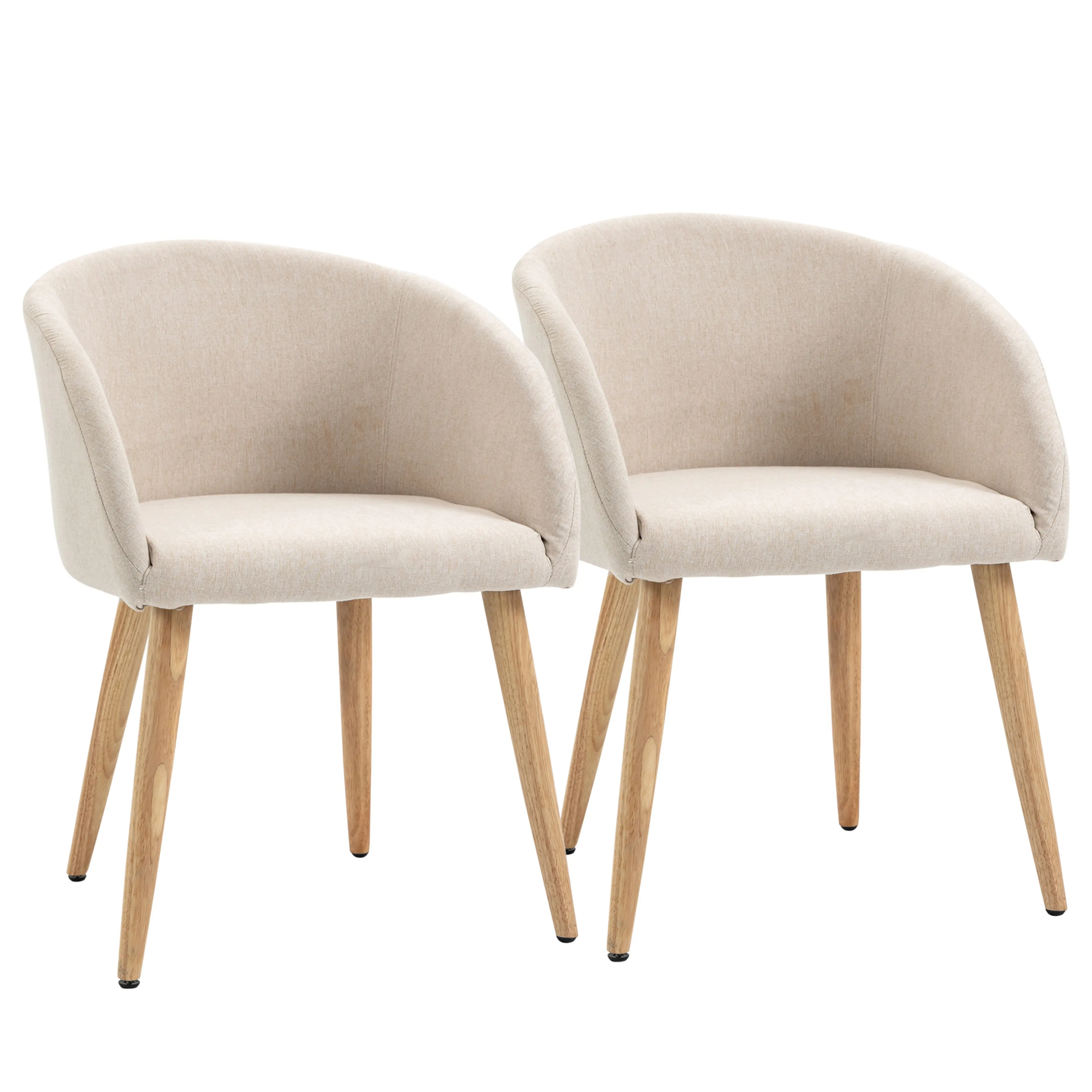 Två beige matstolar i linnelook med tunnformad rygg och ben i ljust trä