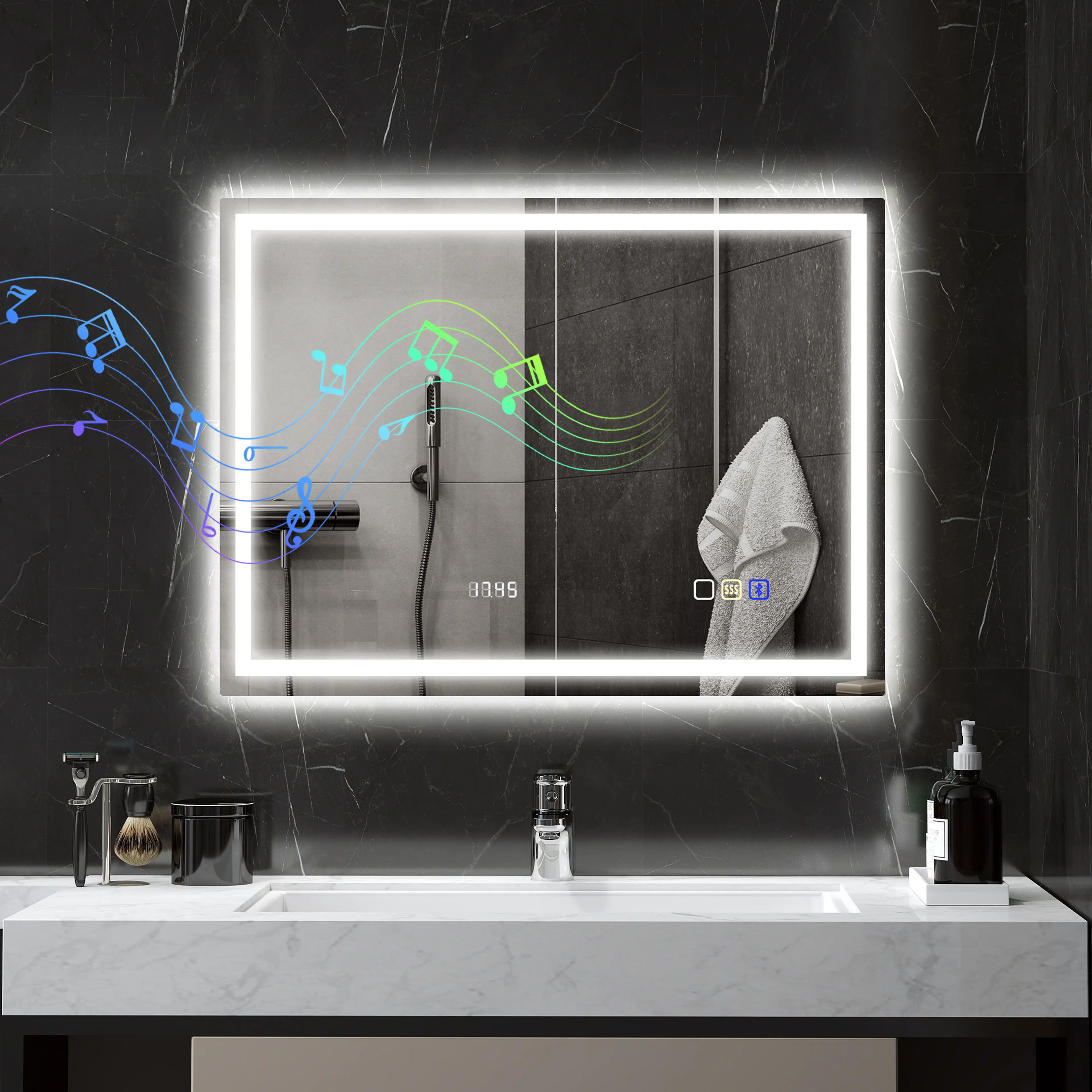 Badrumsspegel LED 80 × 60 cm med Bluetooth och klocka – bild 2