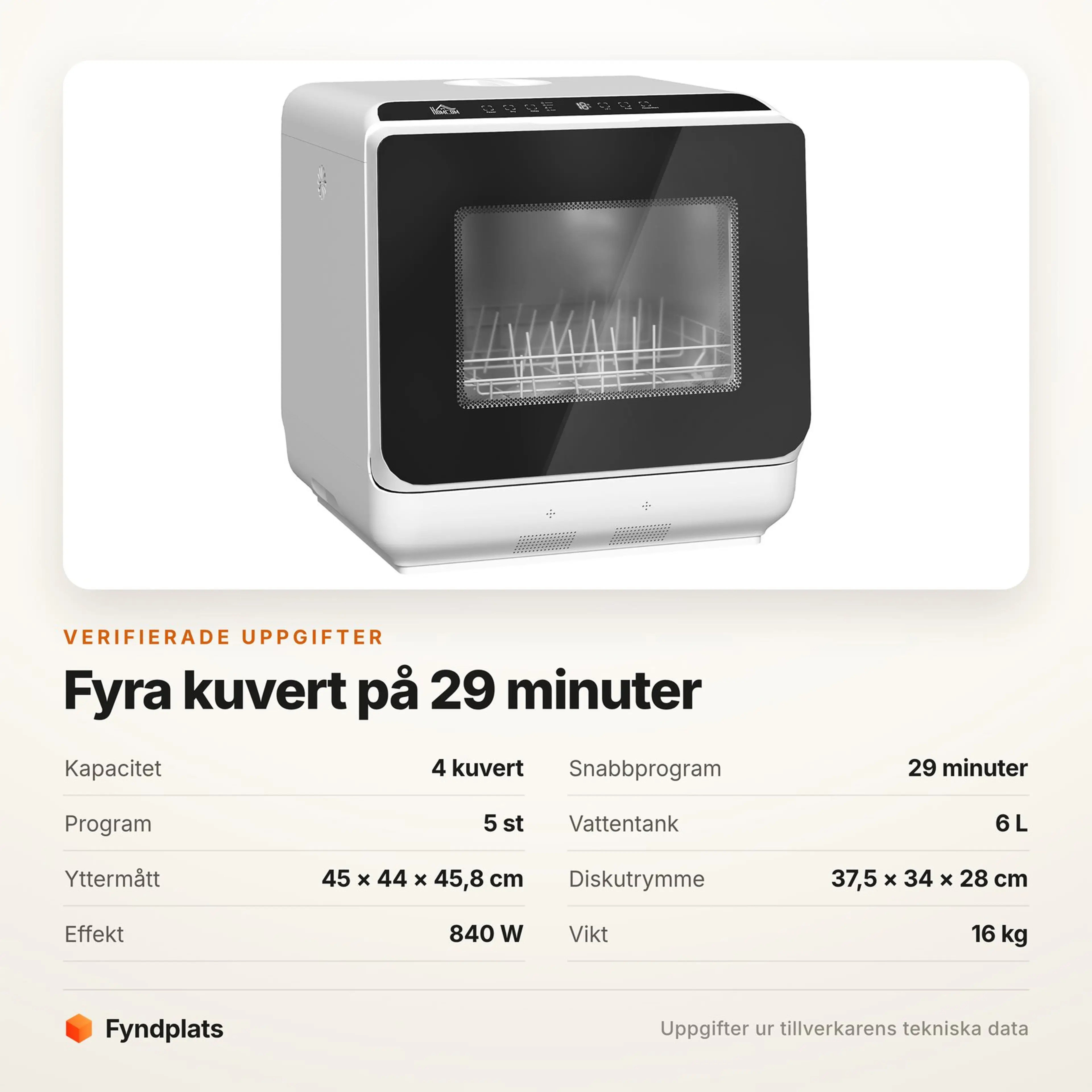 Specifikationer för bordsdiskmaskinen: 4 kuvert, 29 minuters snabbprogram och 6 liters vattentank