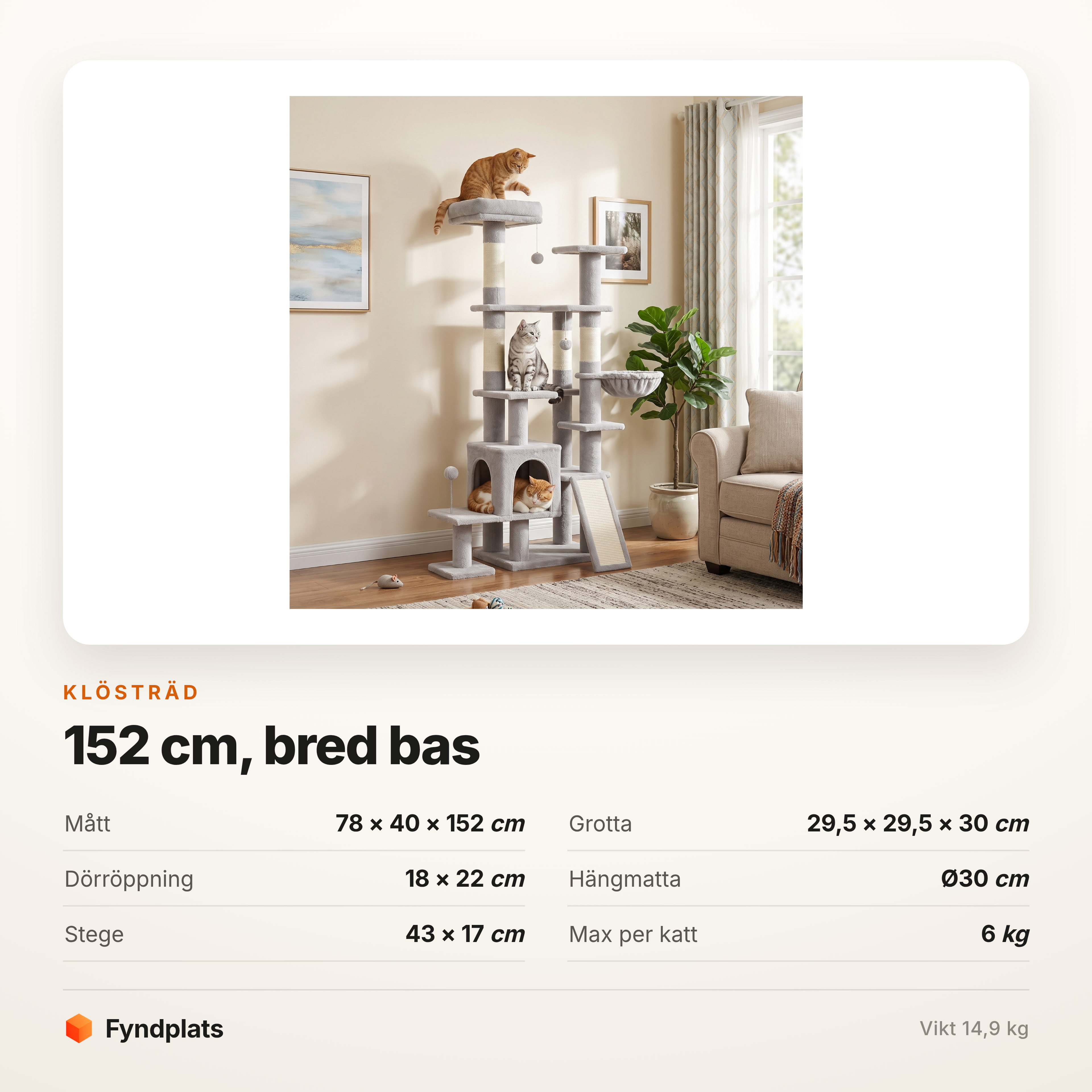 Klösträd 152 cm med bred bas – grotta, hängmatta och sisalstege – bild 5