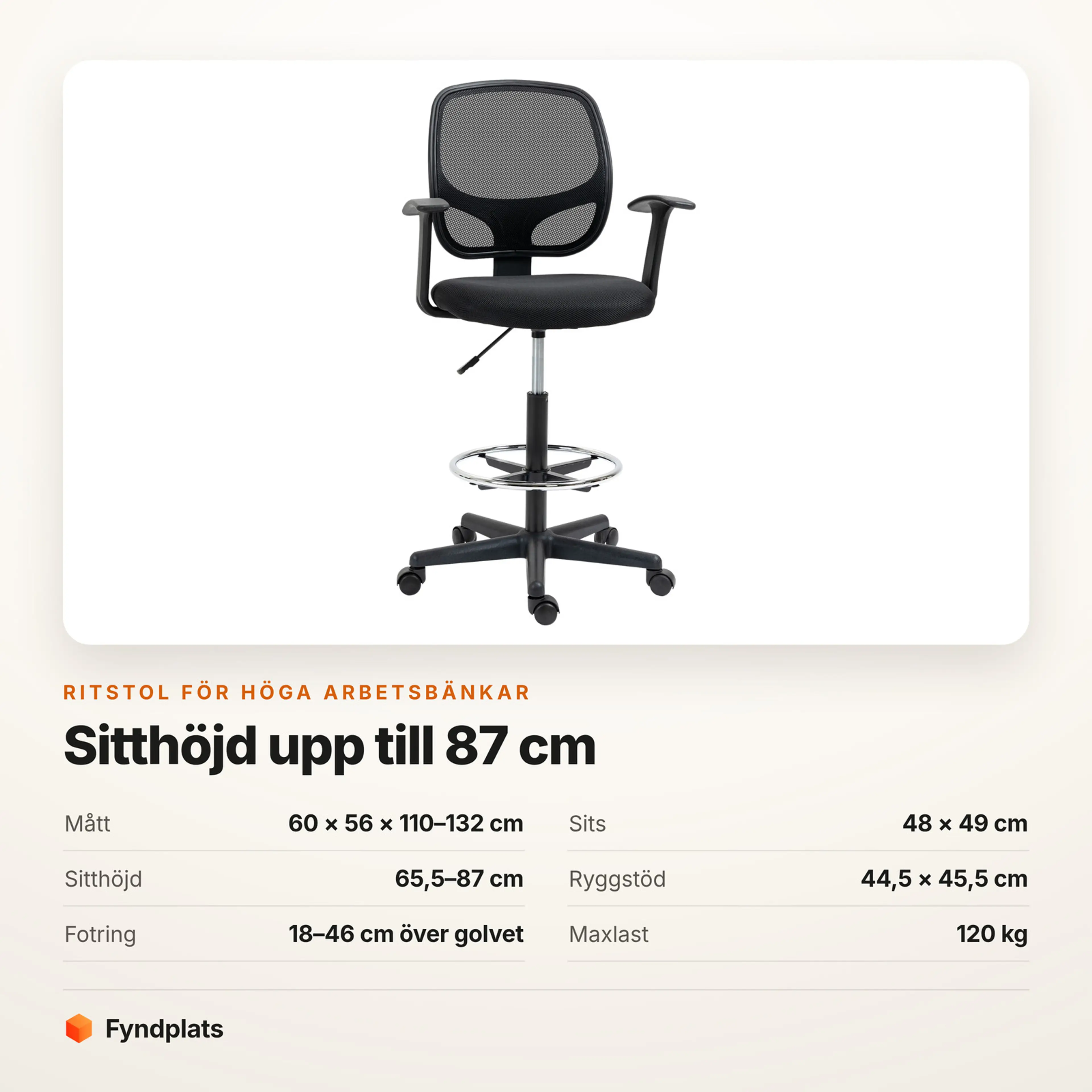 Ritstol för höga arbetsbänkar i svart nätväv – Faktakort med mått, sits, sitthöjd, ryggstöd, fotring och maxlast