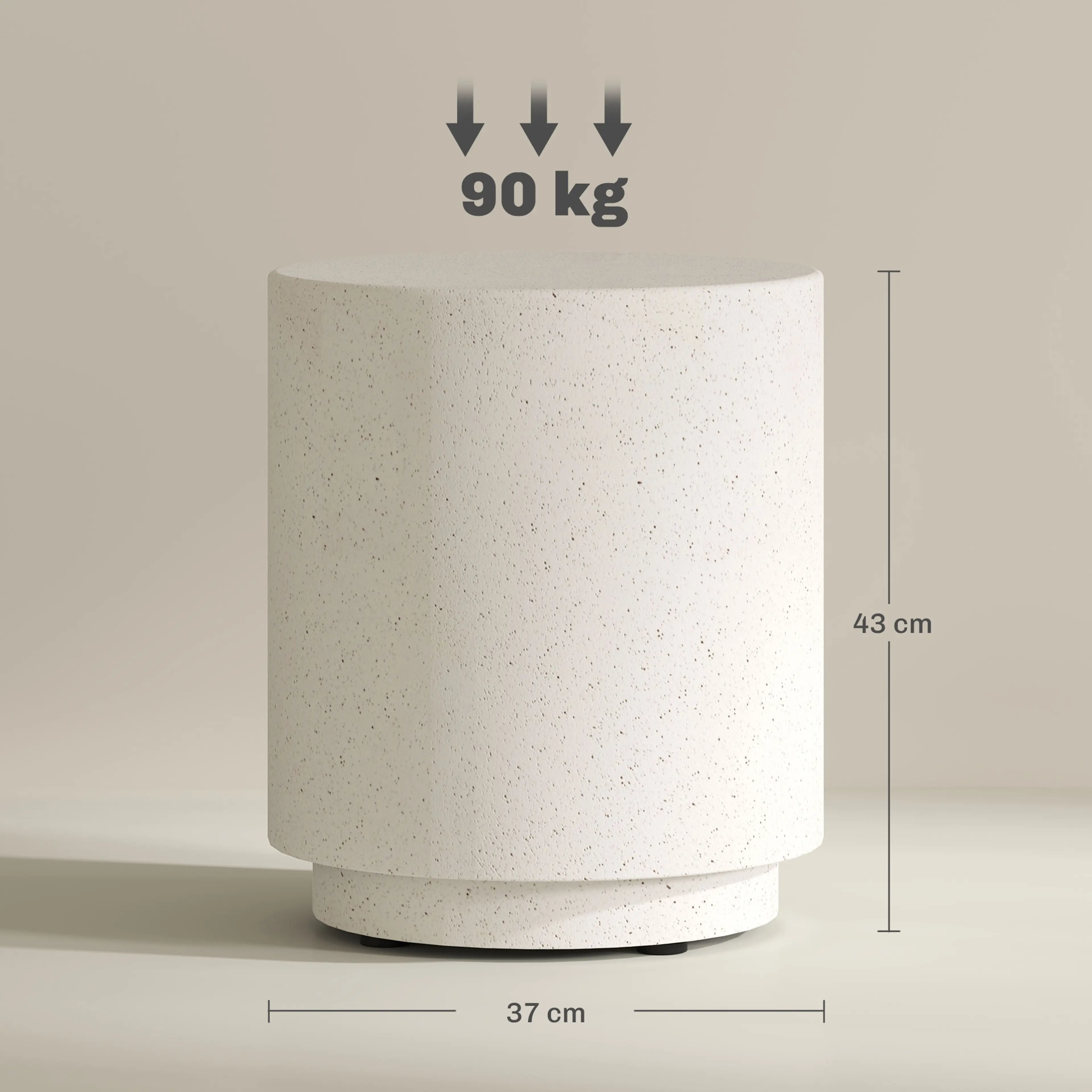 Måttritning för bordet: Ø 37 cm, 43 cm högt och 90 kg maxlast